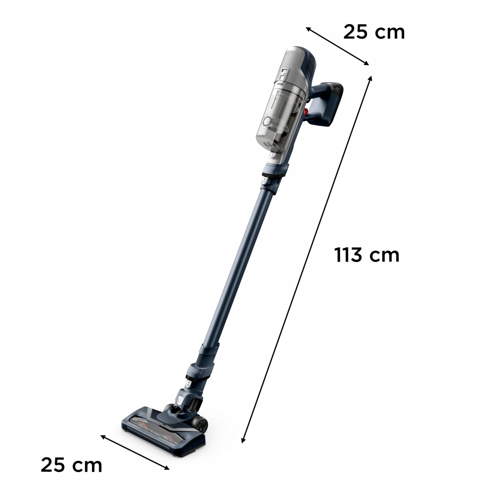 Niebieski odkurzacz pionowy z przezroczystym pojemnikiem. Długość 113 cm.