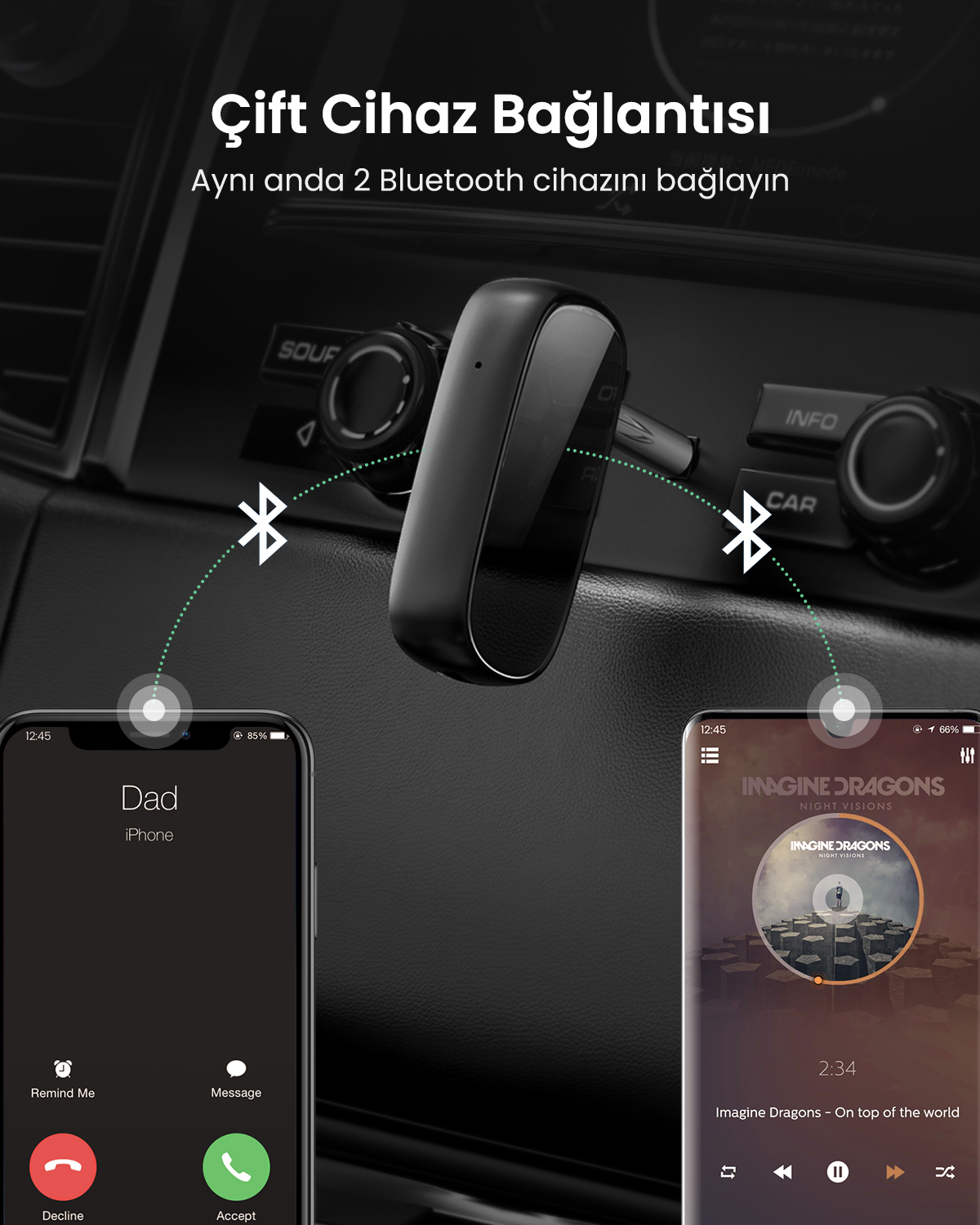 Siyah Bluetooth adaptörü iki telefonu bağlıyor: arama ve müzik.