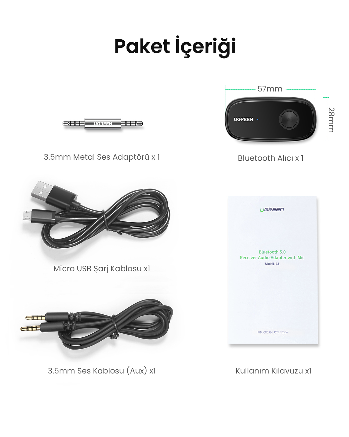 Paket içeriği: 3,5 mm metal adaptör, Bluetooth alıcı, mikro USB kablosu, 3,5 mm Aux kablosu, kılavuz.