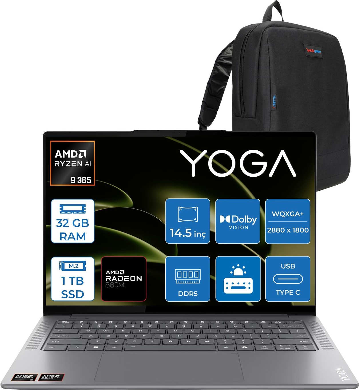 Siyah sırt çantalı gri bir Lenovo Yoga dizüstü bilgisayar.