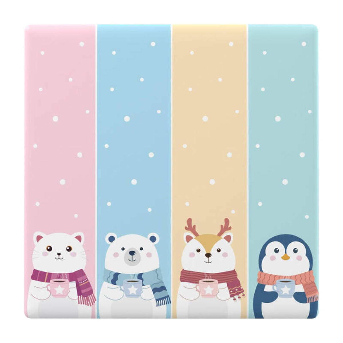 Cztery urocze zwierzęta w szalikach piją kakao na tle pionowych pasków.