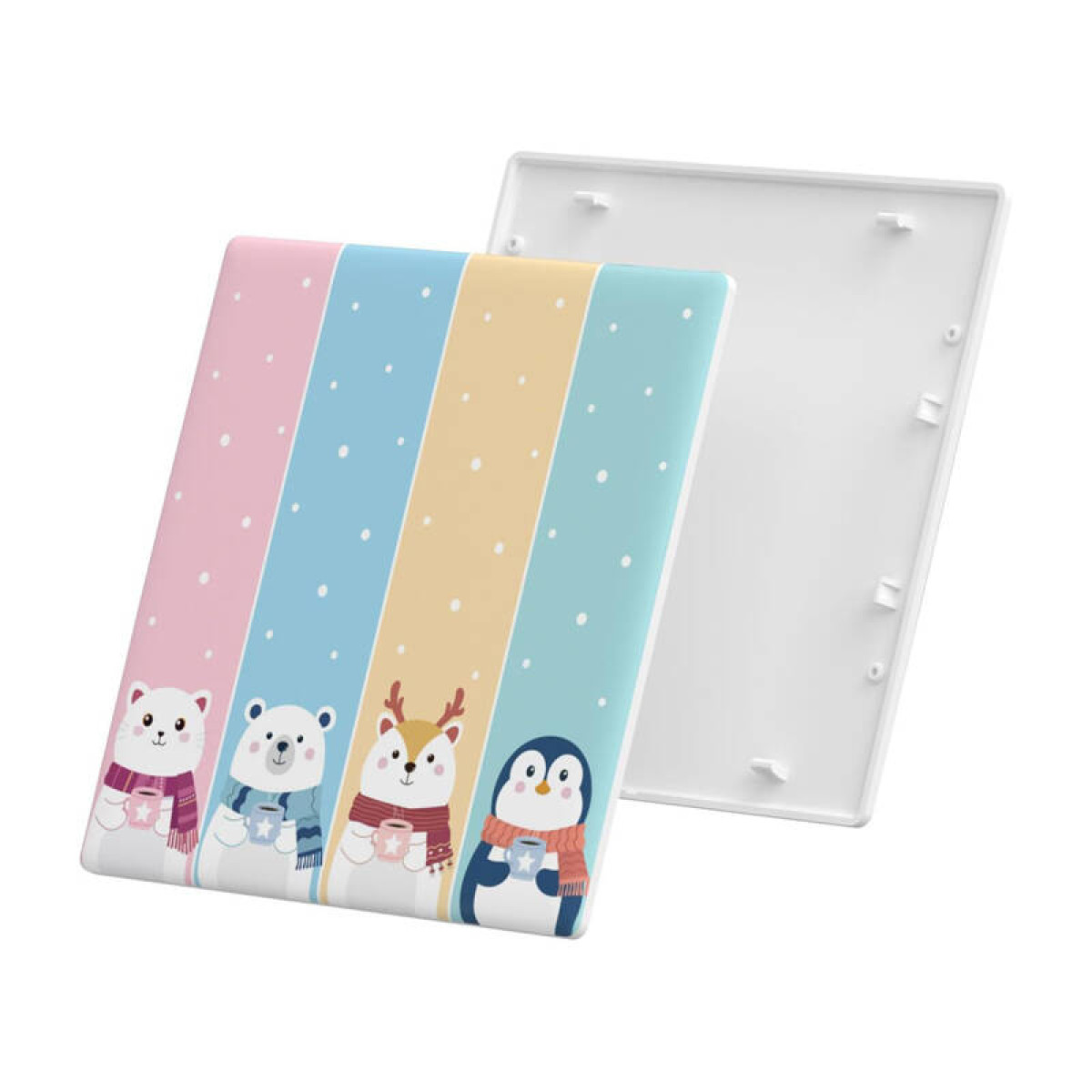 Wzór misia, jelenia i pingwina na pasiastych kolorach ze śnieżynkami.