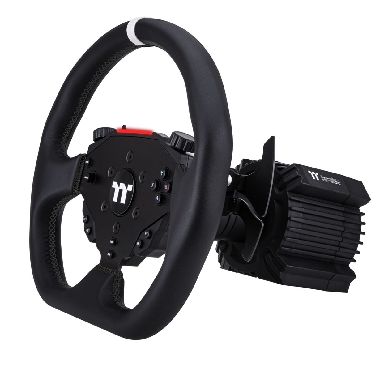 Volant de jeu noir avec boutons et une unité de ventilateur sur le côté droit.