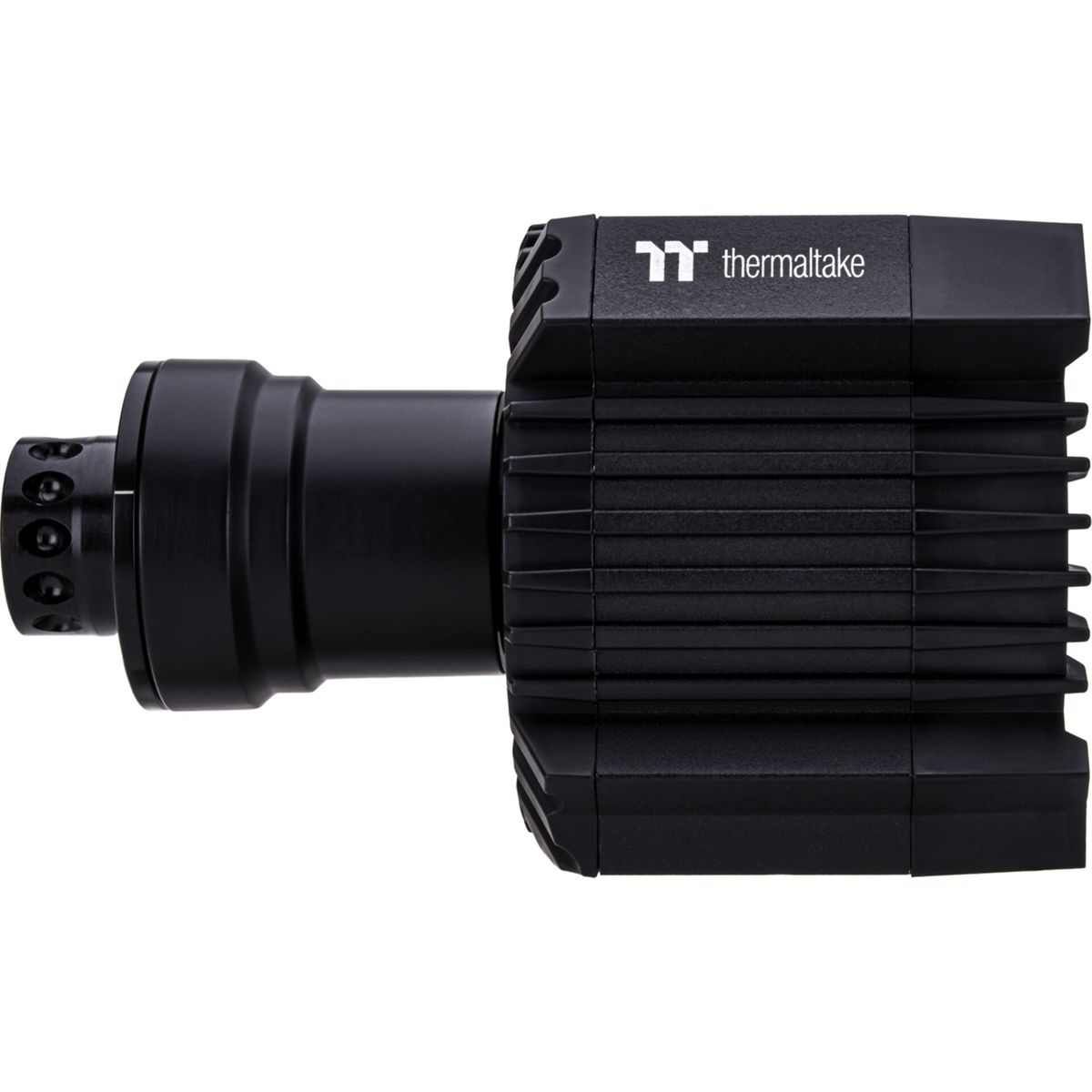 Un ventilateur noir Thermaltake avec ailettes et logo.