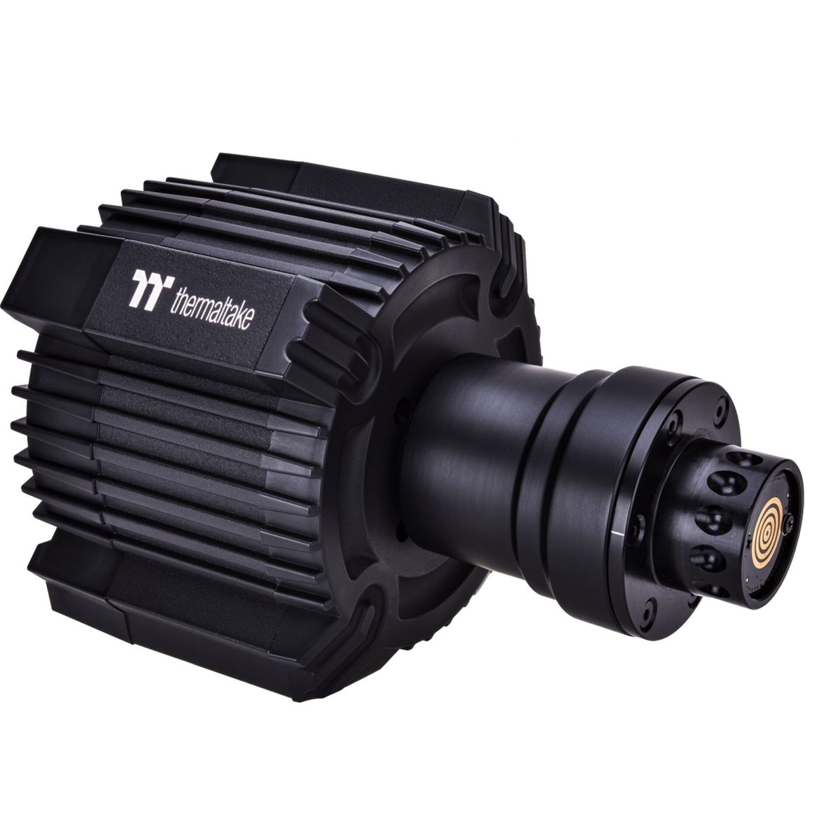 Ventilateur noir Thermaltake avec dissipateur thermique et connecteur sur fond blanc.