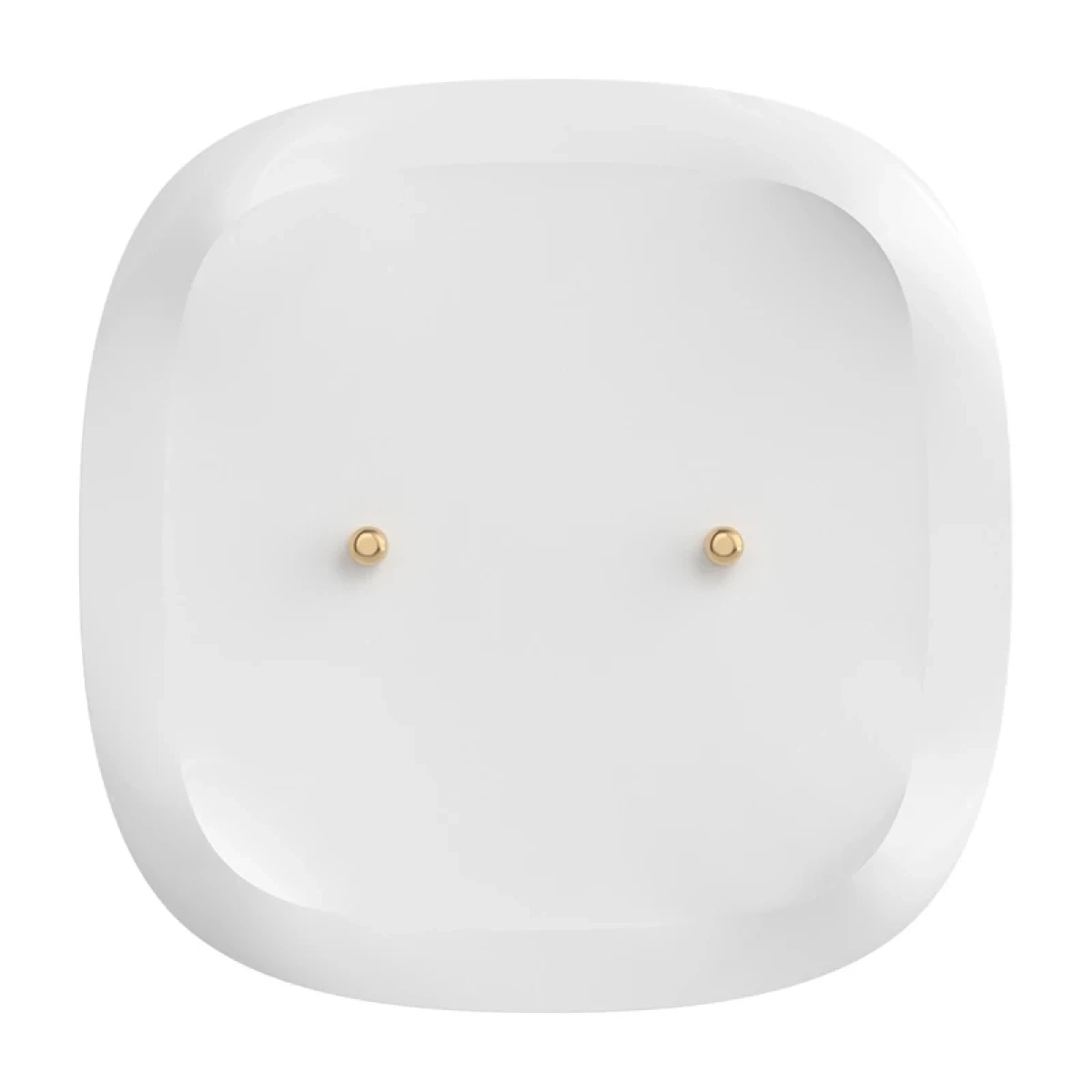 Gładki, biały przedmiot z zaokrąglonymi rogami i dwoma złotymi ćwiekami.