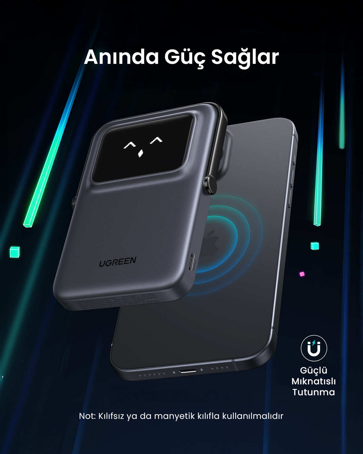 Ciemny power bank z ekranem przylega do smartfona. Neonowe światła w tle.