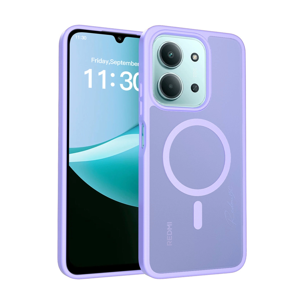 Dairesel mıknatıslı ve içinde telefon bulunan açık mor telefon kılıfı.
