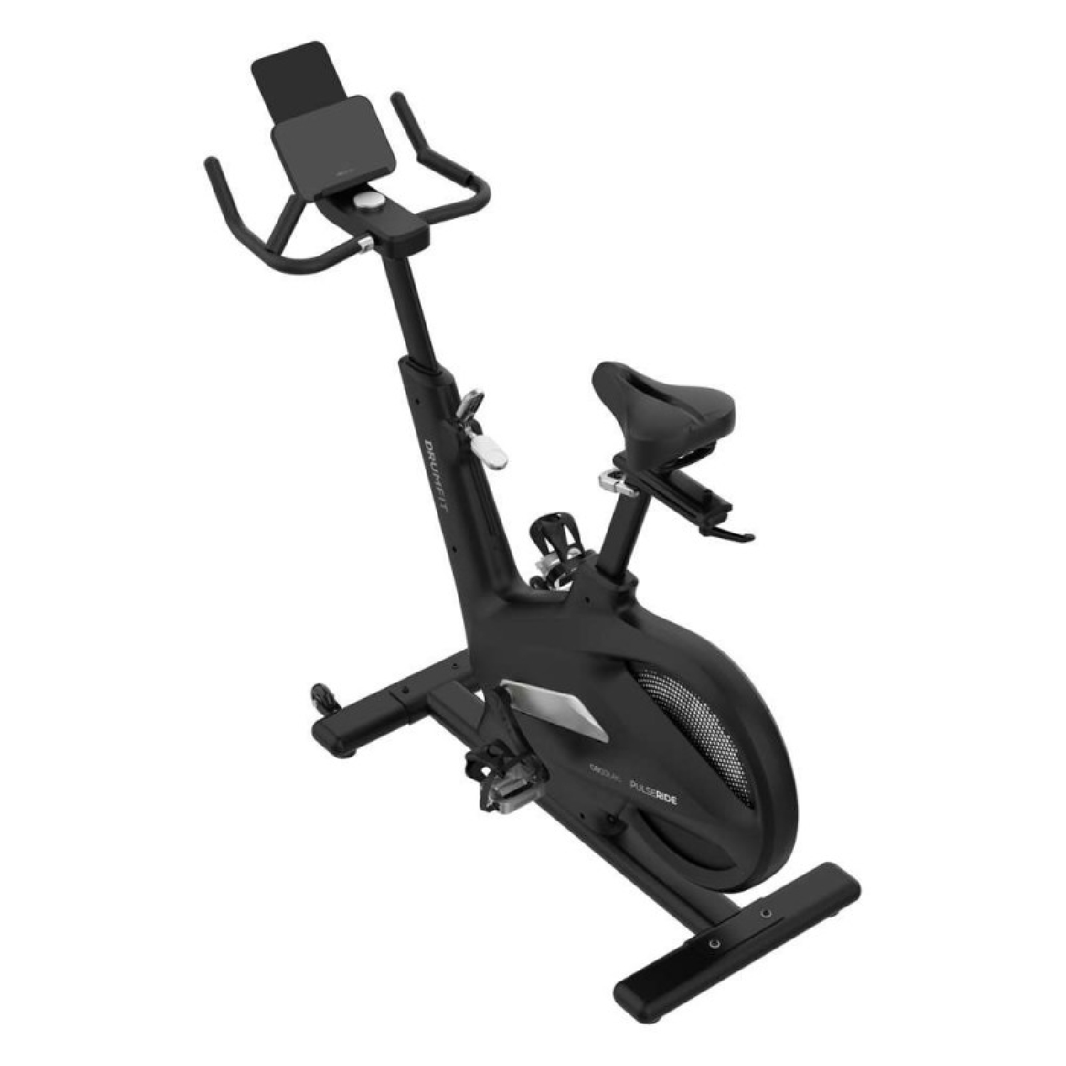 Una bicicleta de ejercicio negra para interiores con asiento, manillar y pantalla.