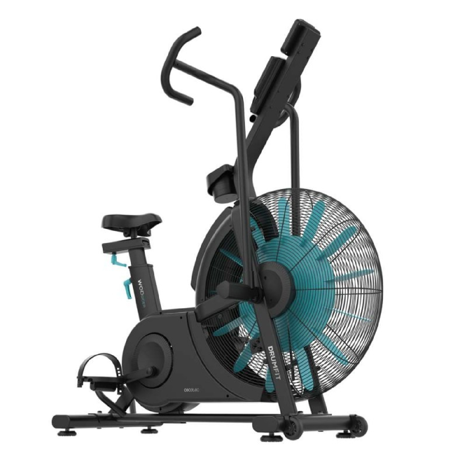 Bicicleta negra con gran rueda de ventilador y detalles azules. Toma de estudio.