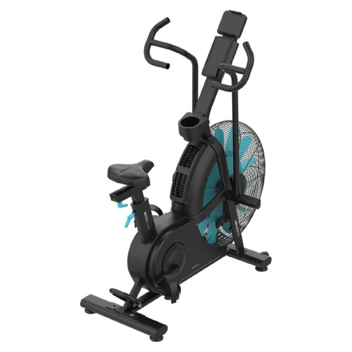 Bicicleta de ejercicio negra con rueda de ventilador azul y asiento/manillar ajustables.