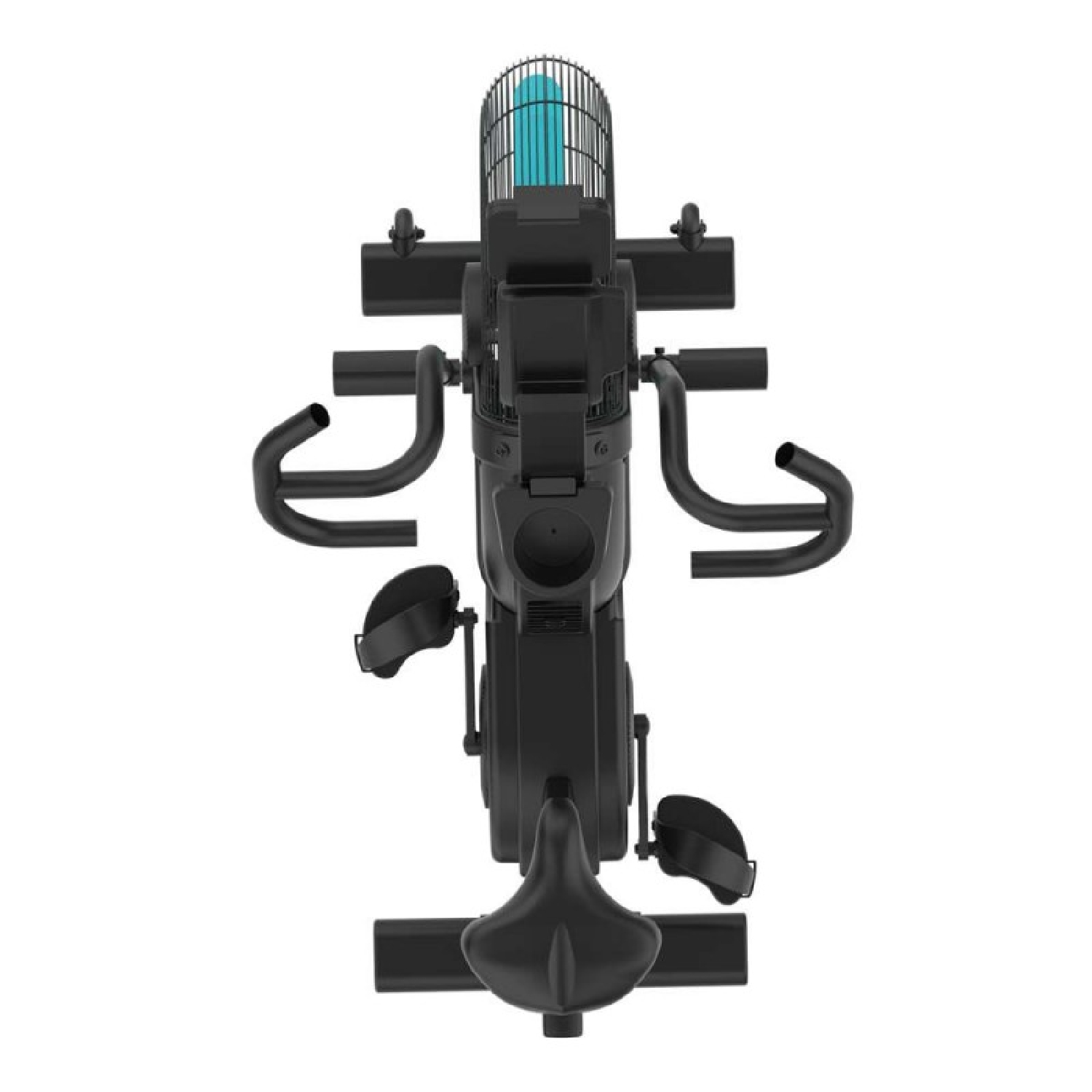 Una bicicleta de interior negra con ventilador azul y manillar ajustable.
