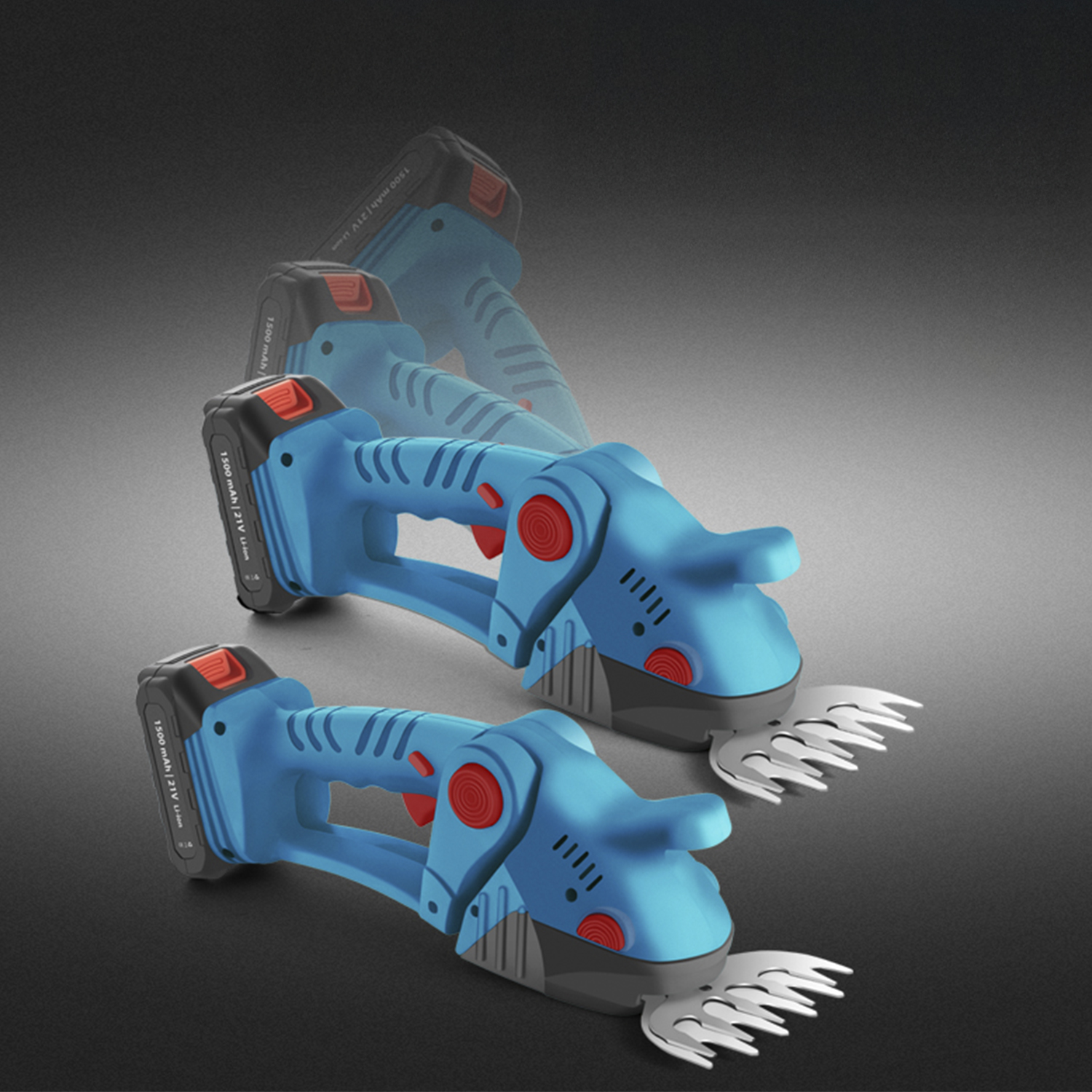 Due cesoie cordless blu con accenti rossi su sfondo scuro.