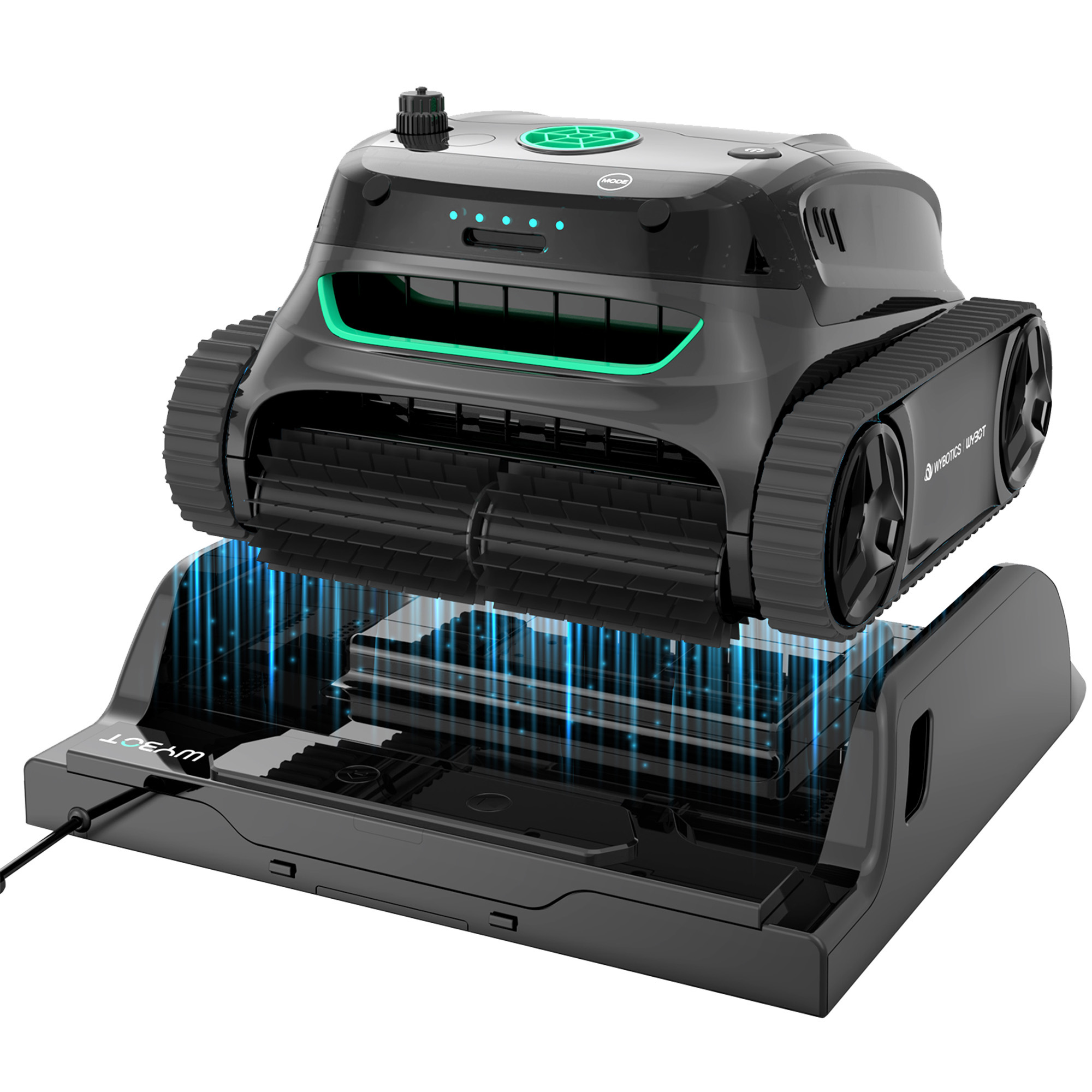 Czarny robot na stacji ładującej z niebieskimi wiązkami światła.