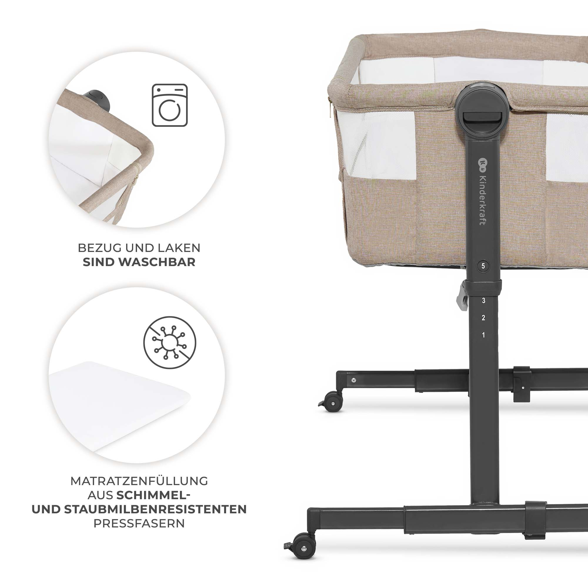 Beige Kinderkraft Beistellbett mit verstellbarer Höhe und Rollen. Abnehmbarer Bezug.