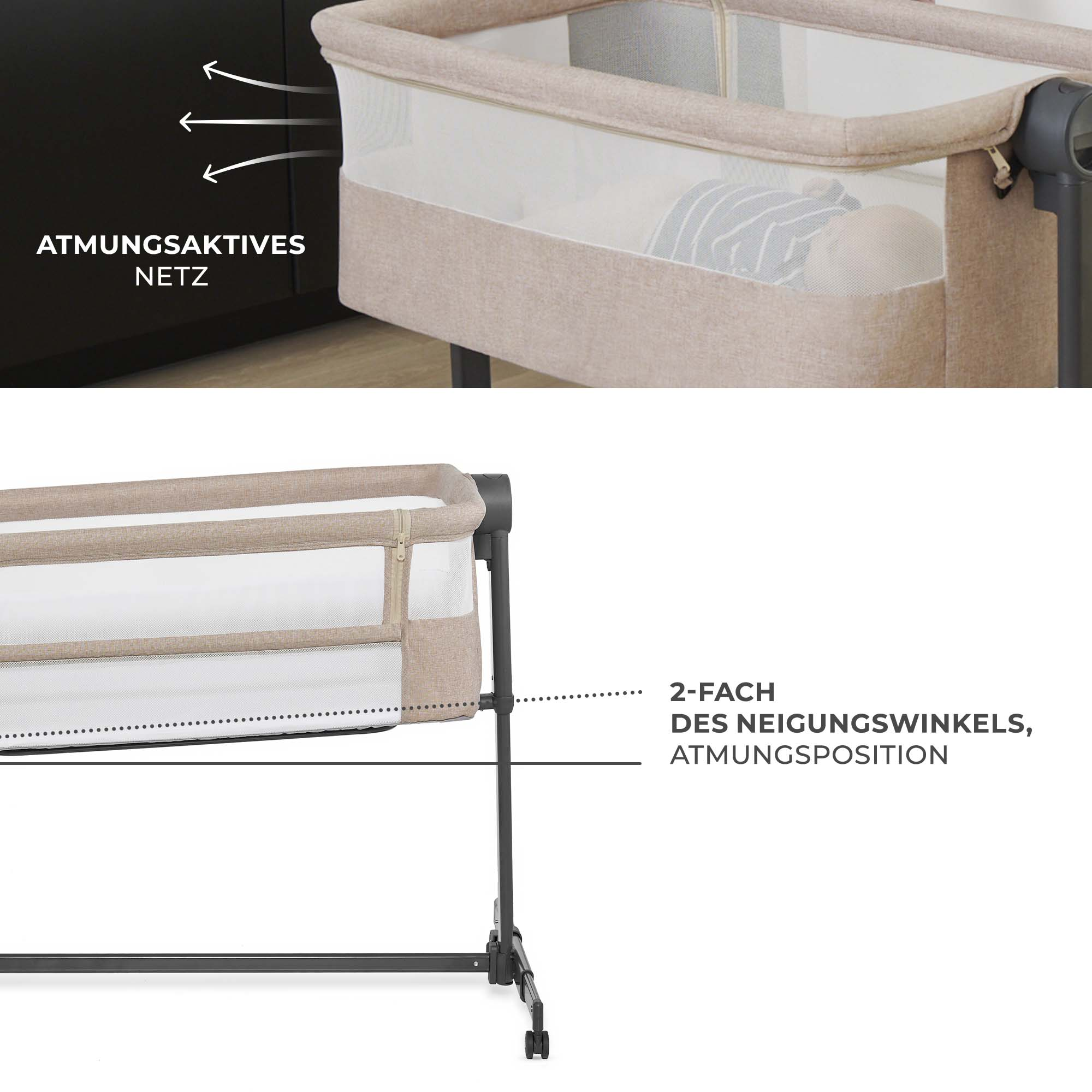 Ein Babybett mit atmungsaktivem Netz und verstellbarer Neigung.