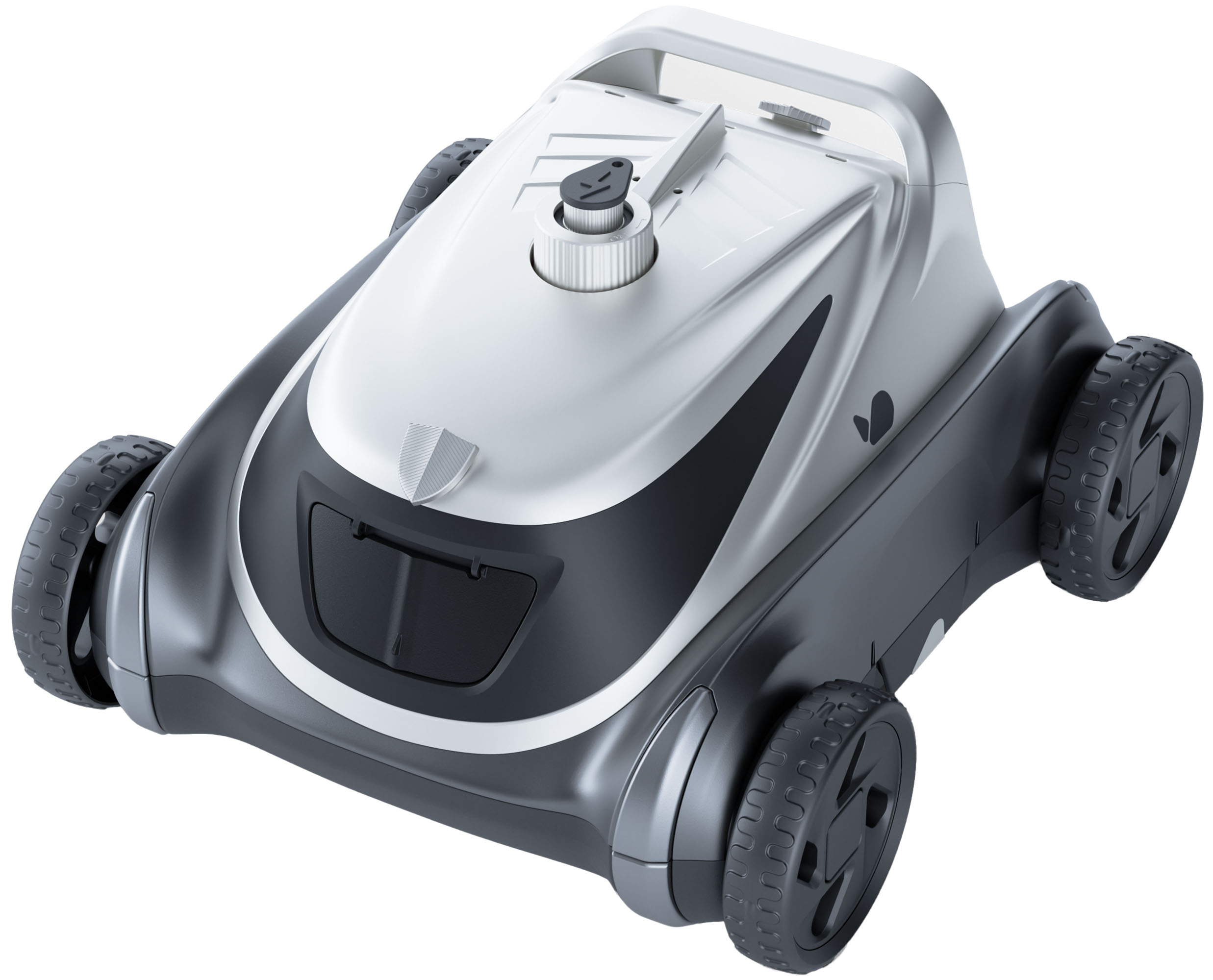 Srebrny i szary robot basenowy z czarnymi kołami na białym tle.