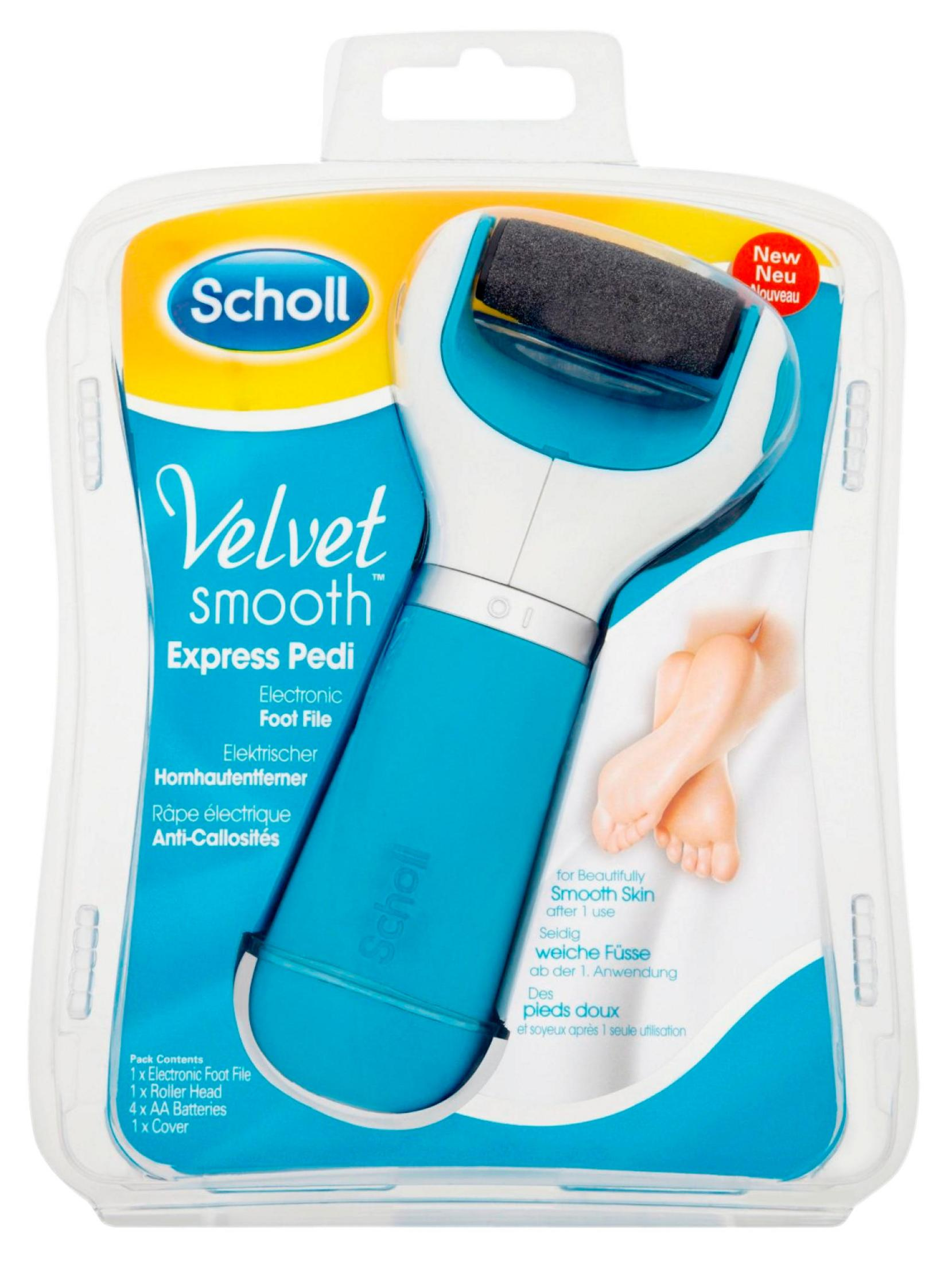 Ein Scholl Velvet Smooth Express Pedi Fußpflegegerät in Blauer Verpackung.