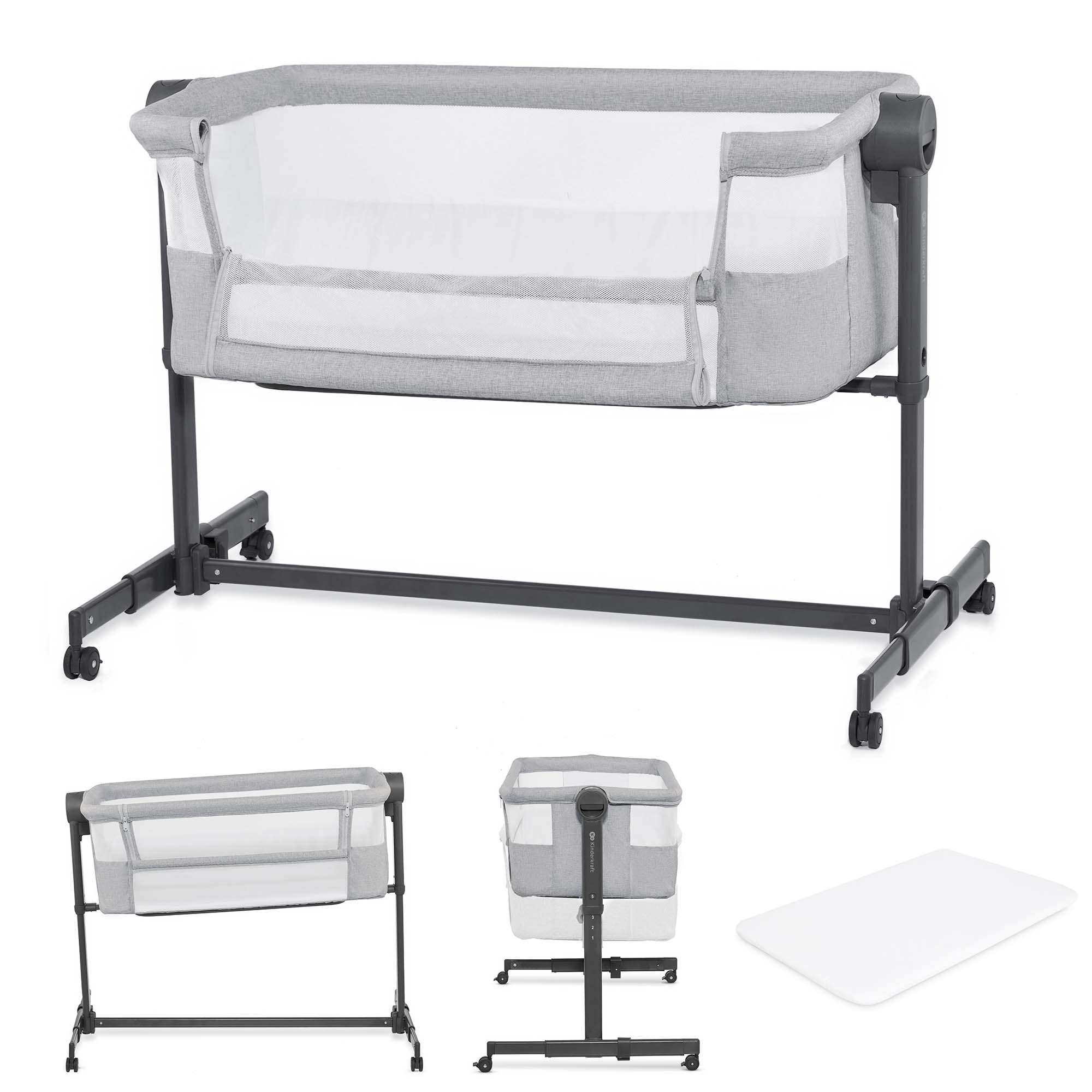 Ein graues Babybett mit Netzseiten, Metallrahmen und Rädern.