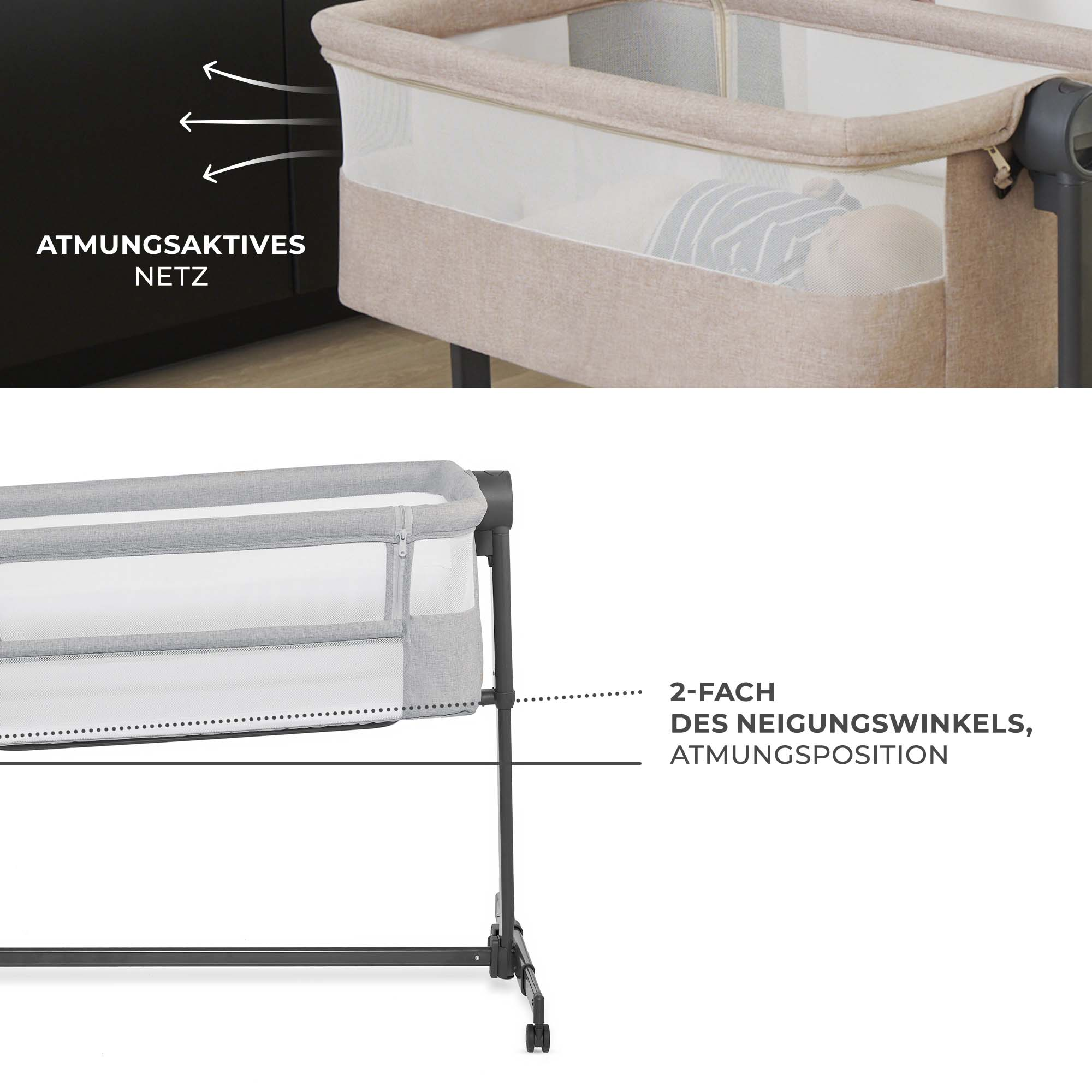 Beige Babywiege mit atmungsaktivem Netz und verstellbarem Neigungswinkel.
