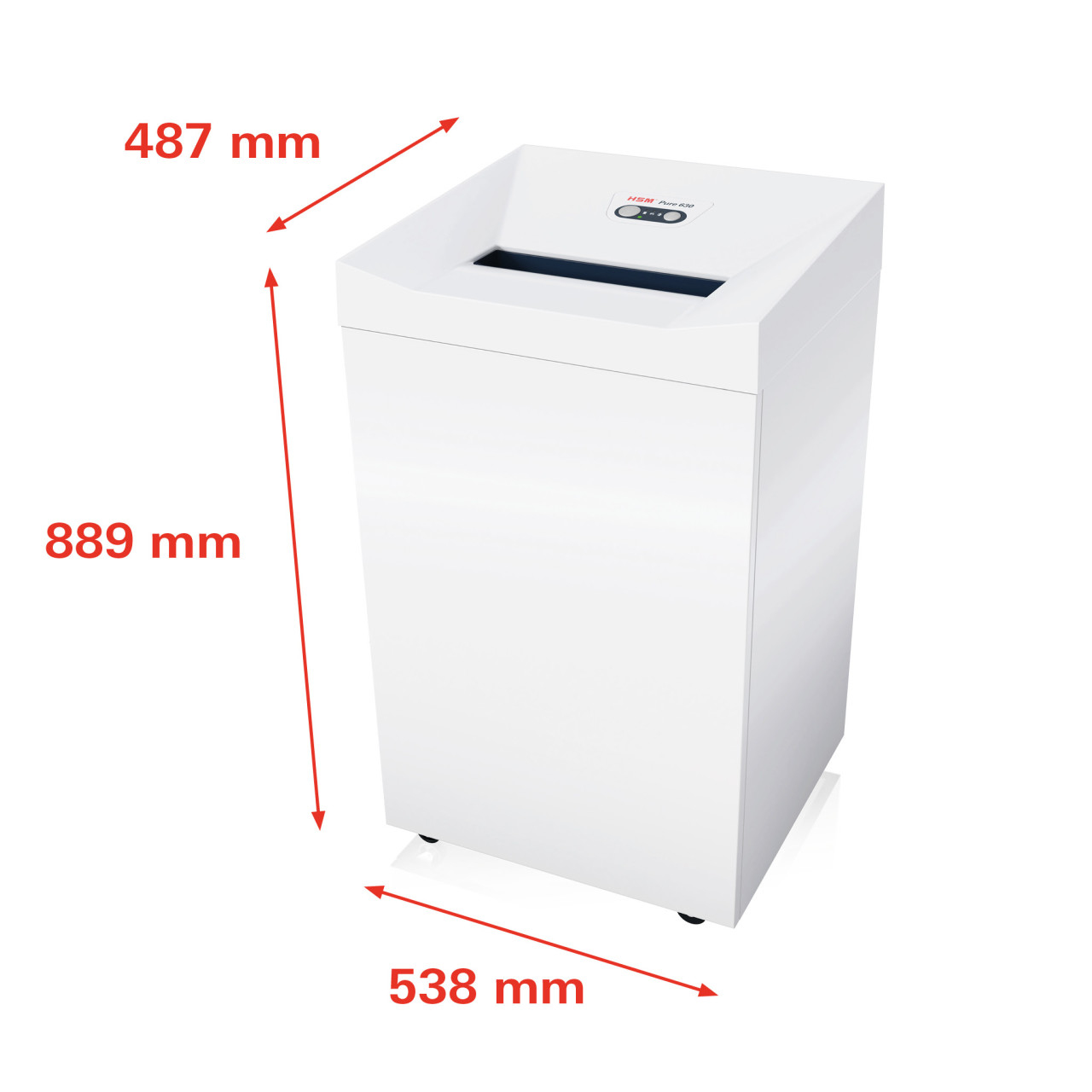 Biała niszczarka do papieru z czerwonymi wymiarami: 487 mm, 889 mm, 538 mm.