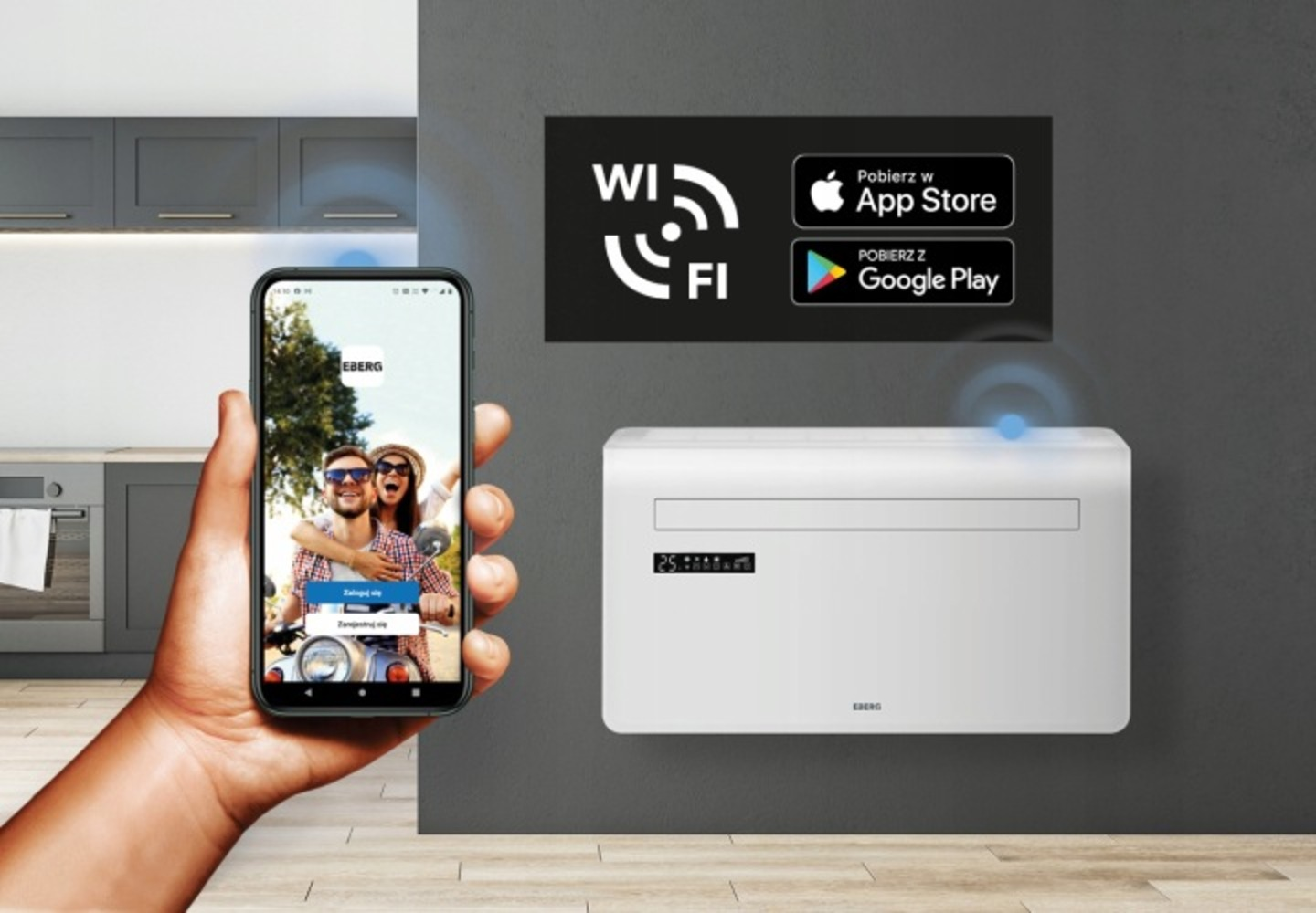 Smartfon pokazuje parę na skuterze, obok biały klimatyzator.