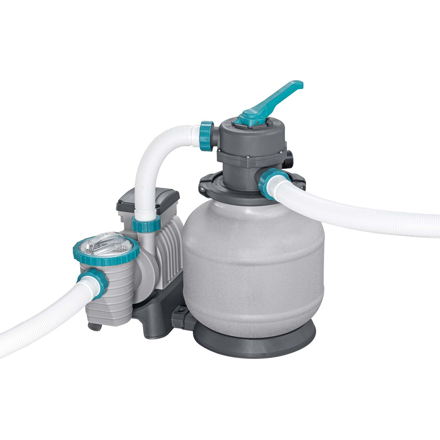 Szary filtr piaskowy z pompą i wężami, na białym tle.