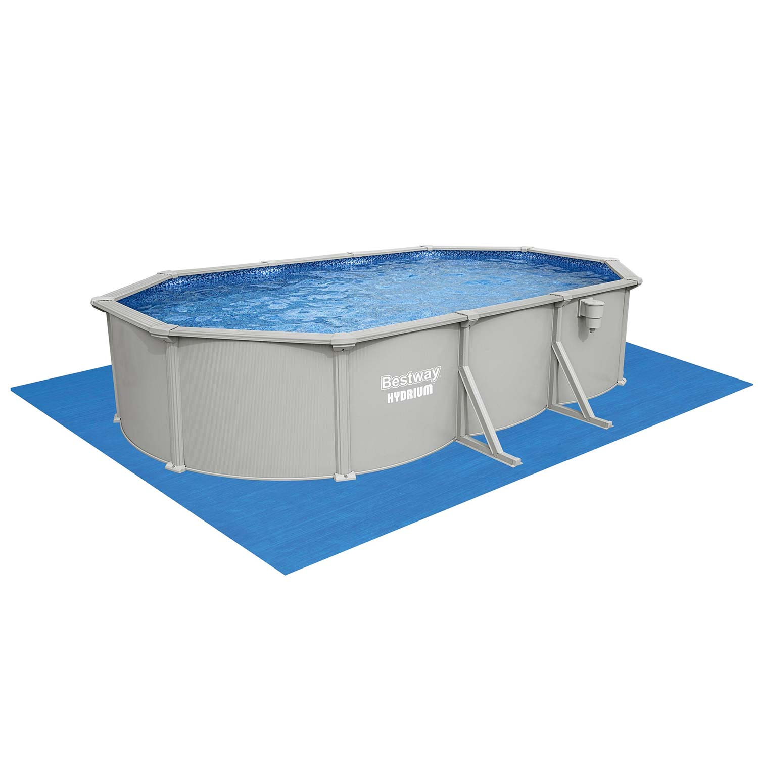 Owalny basen Bestway Hydrium na niebieskiej macie, wypełniony wodą.