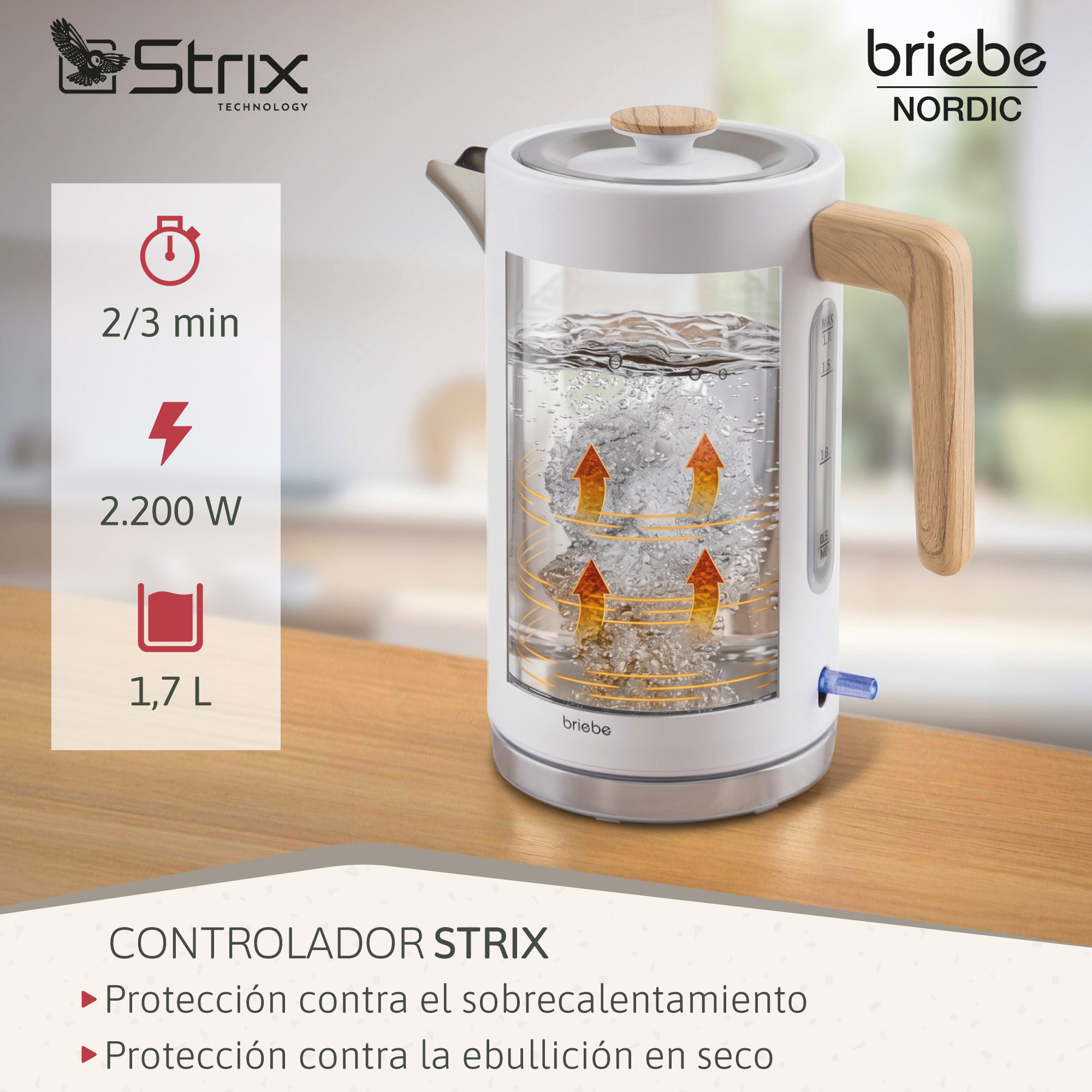 Hervidor blanco con cuerpo de cristal, asa de madera y logo Strix.