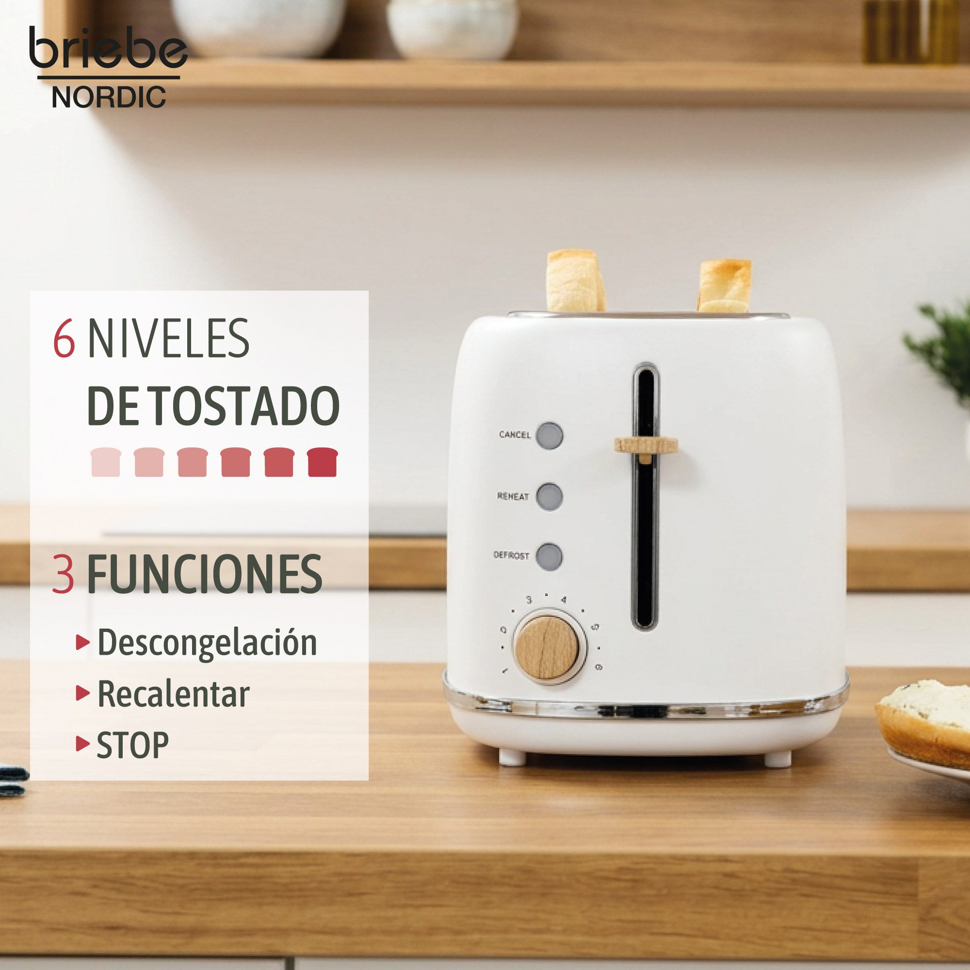 Una tostadora blanca con dos rebanadas de pan tostado está sobre un mostrador de madera.