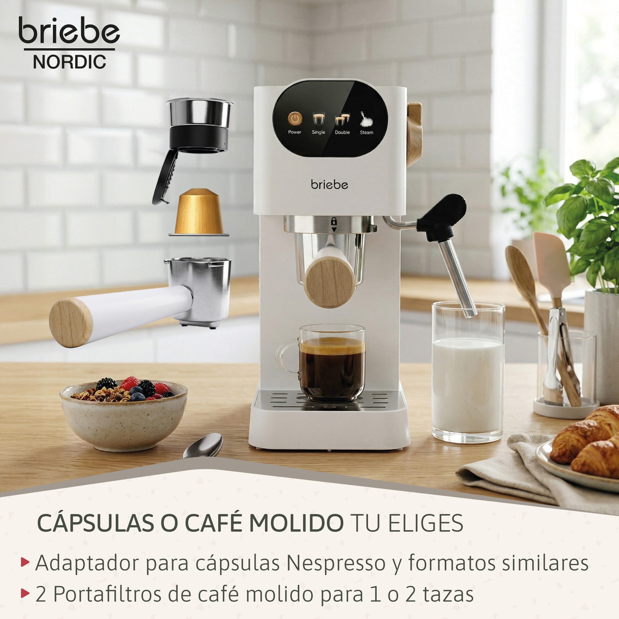 Cafetera espresso blanca con accesorios, café, leche y cruasanes.