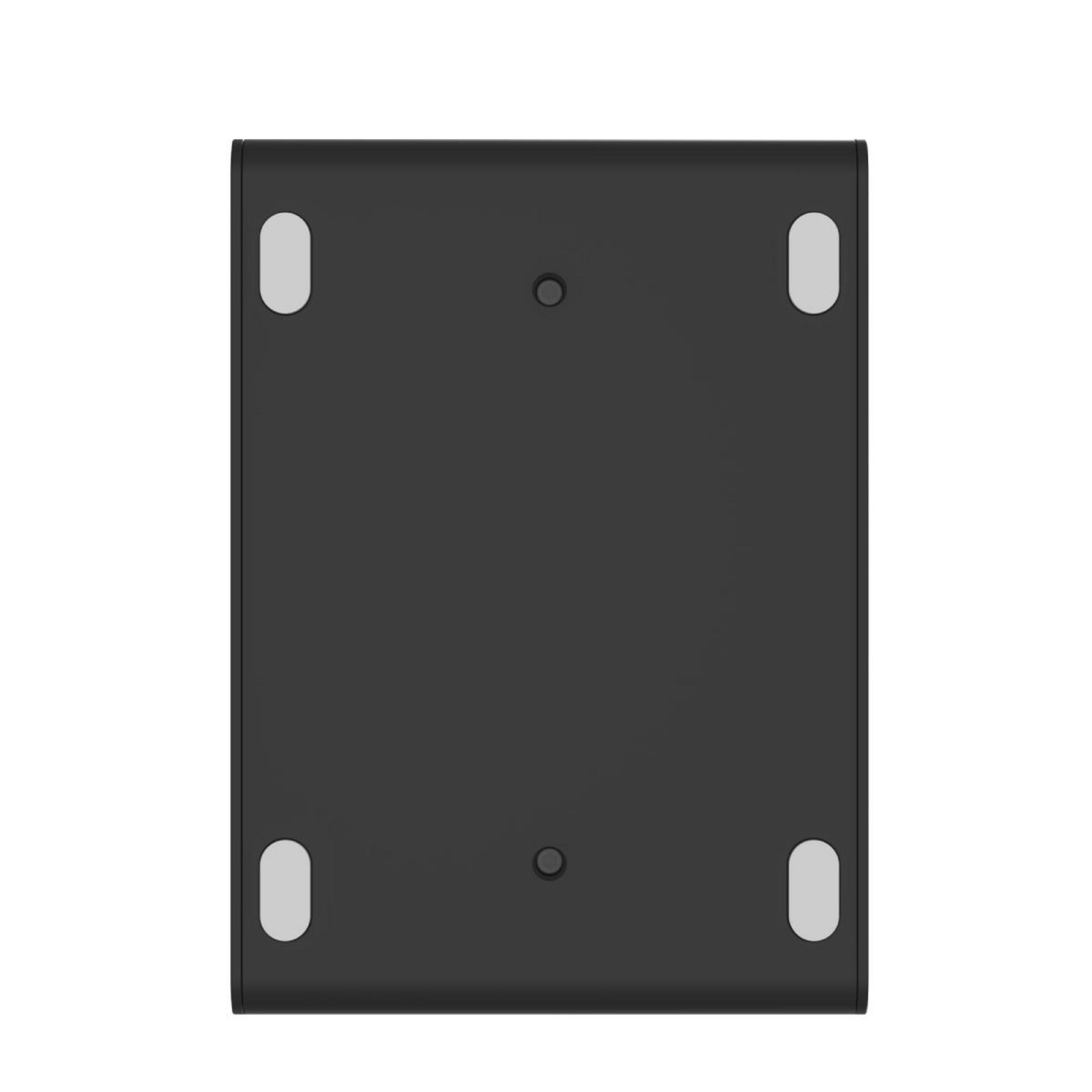 Objeto rectangular negro con cuatro pies ovalados y dos círculos.