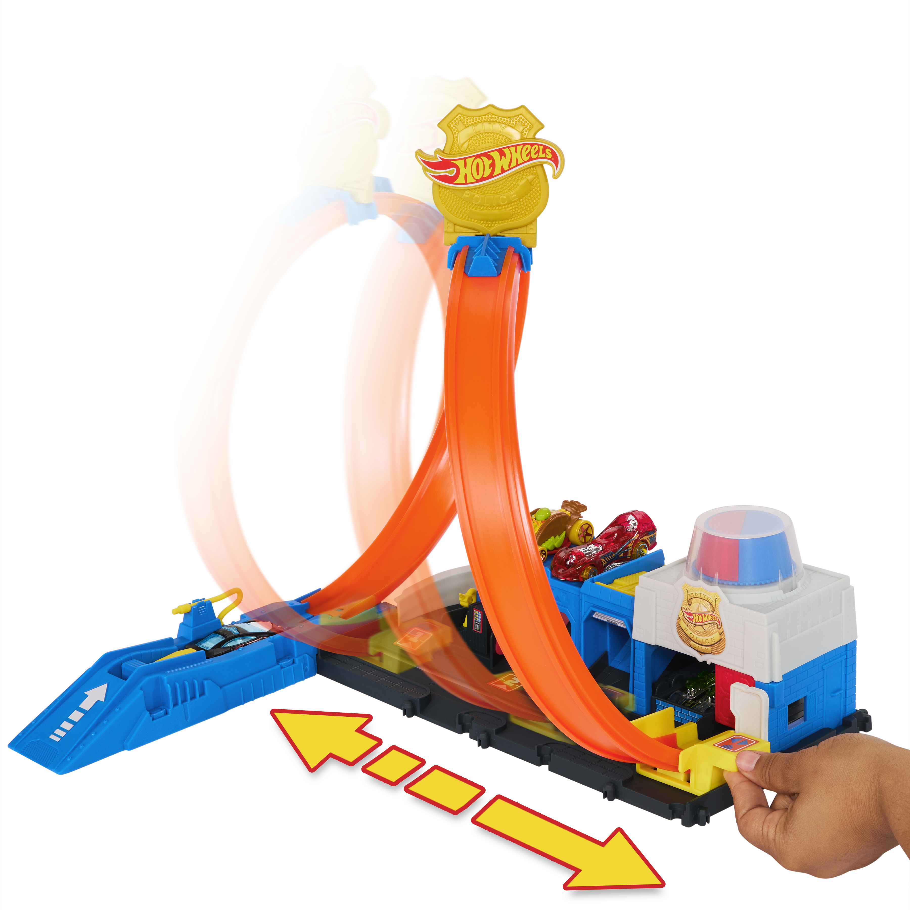 Un set de juego de estación de policía de Hot Wheels con rampa de bucle naranja, coches azules y flechas amarillas.