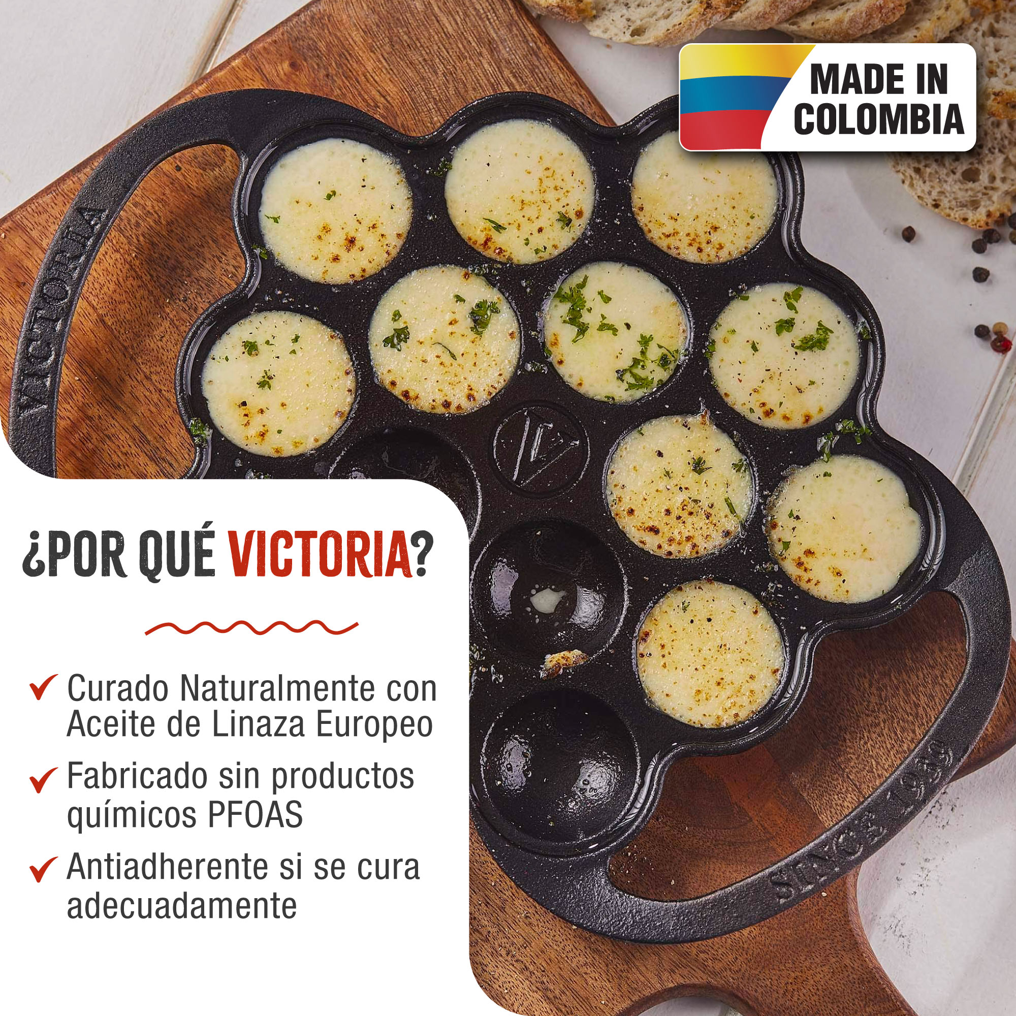 Una sartén de hierro fundido con copas rellenas y etiqueta 'Hecho en Colombia'.