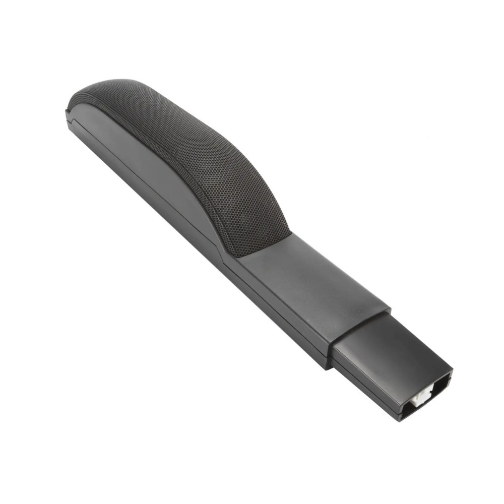 Czarny podłokietnik z materiałową powierzchnią i złączem.