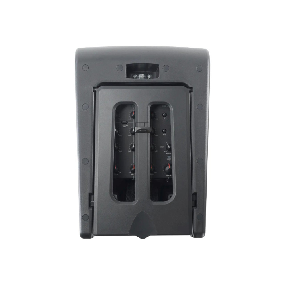 Tył czarnego głośnika z widocznymi pokrętłami i portami.