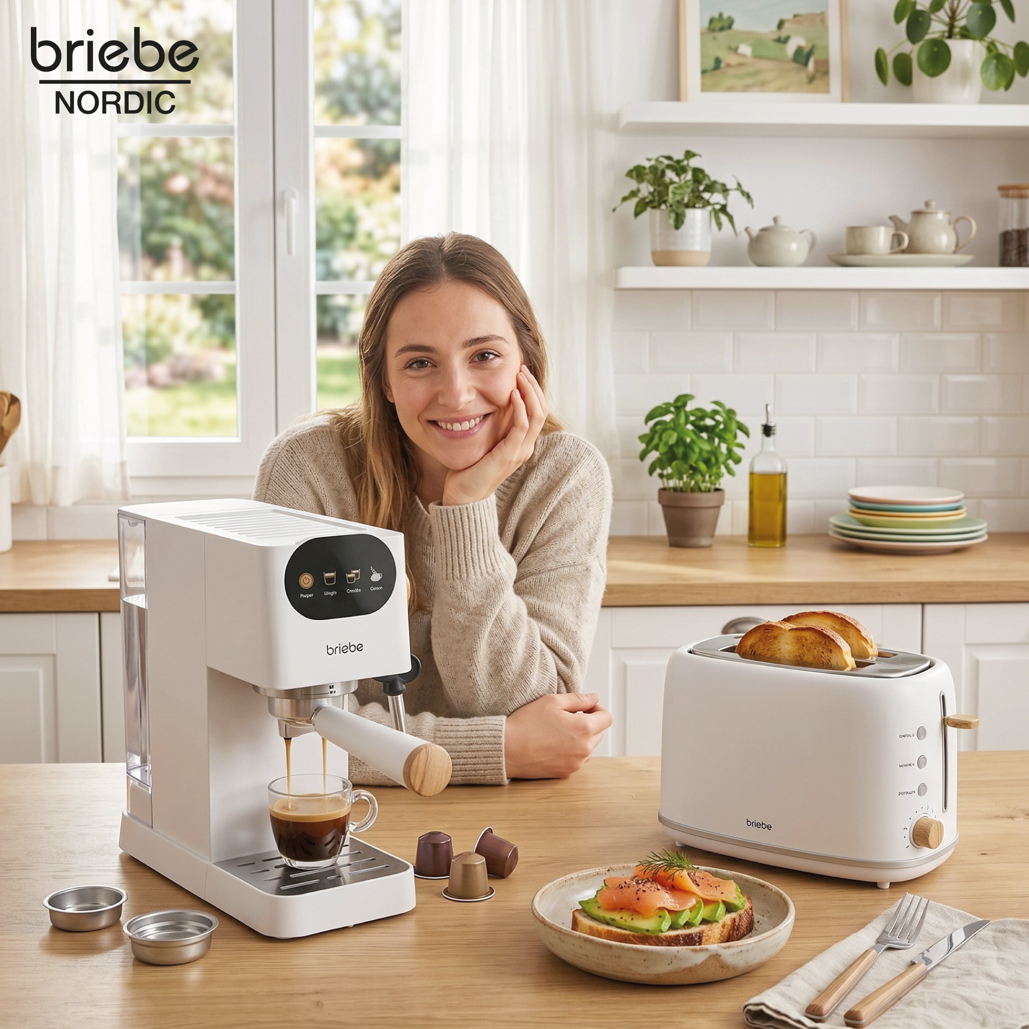 Una mujer sonriente detrás de una cafetera blanca con café, tostadora con tostadas y un sándwich.