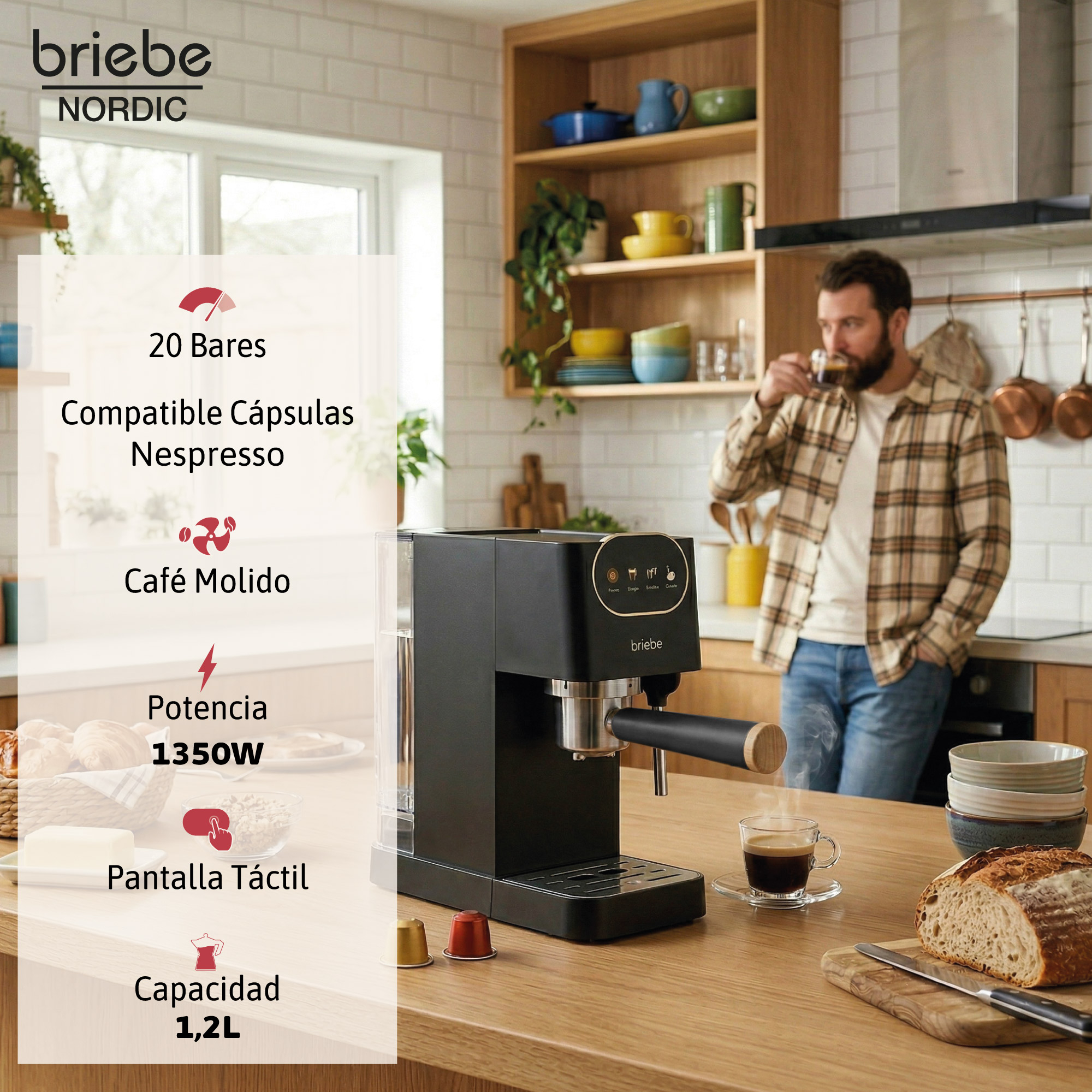 Un hombre bebe café en una cocina, con una máquina de espresso Briebe NORDIC en el mostrador.