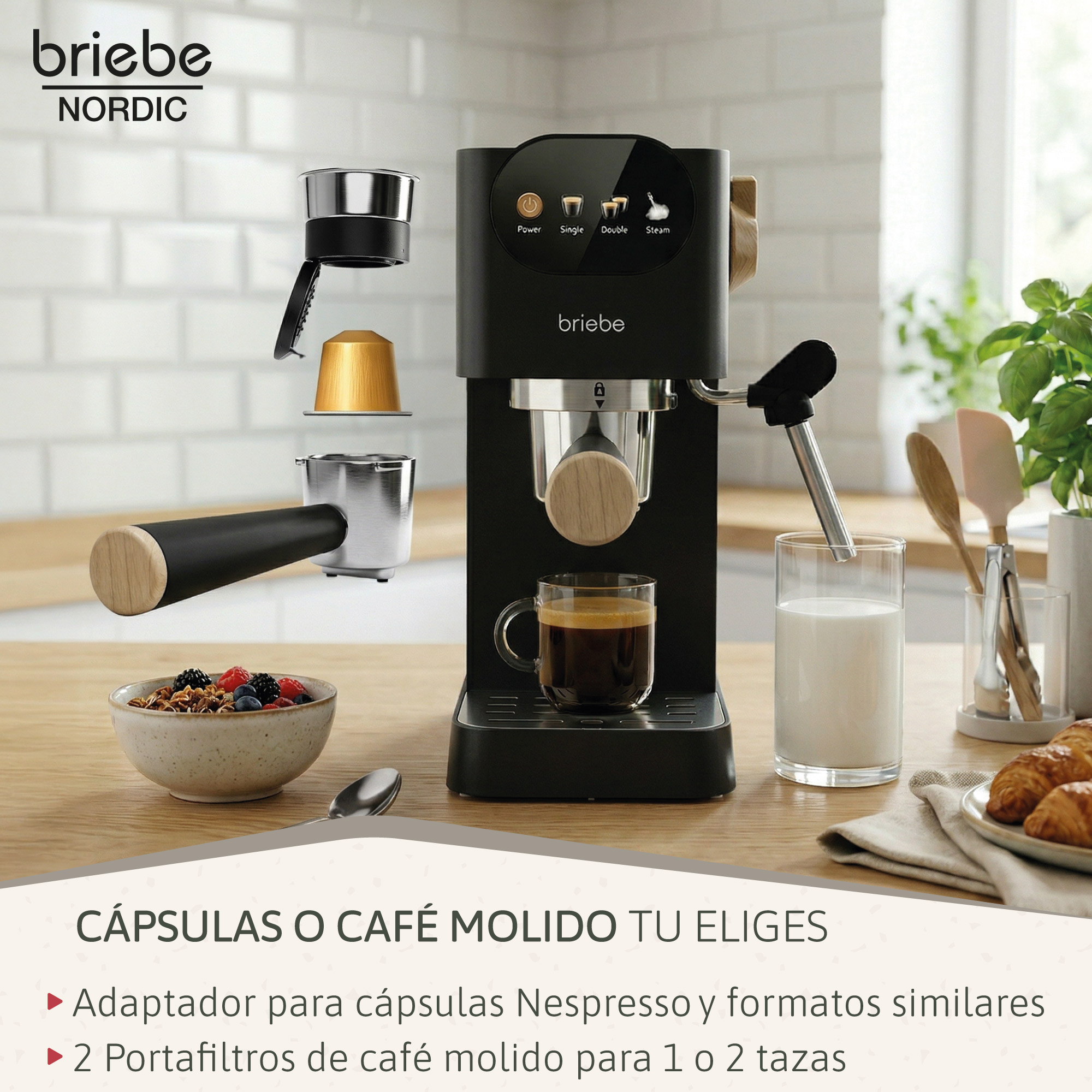 Una cafetera negra con espresso, leche, granola y cruasanes.