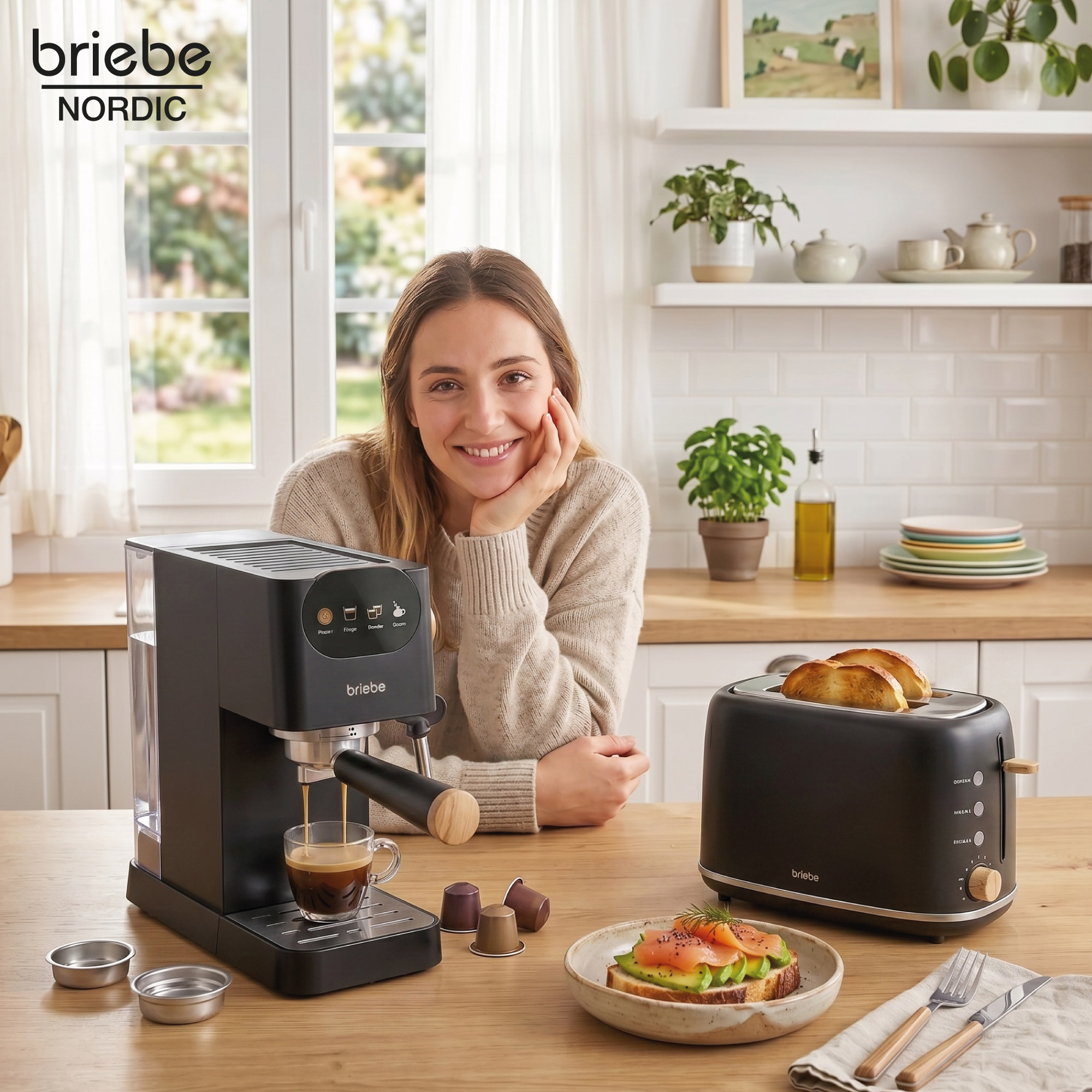 Una mujer sonríe en una cocina junto a una cafetera, tostadora y tostada de aguacate.