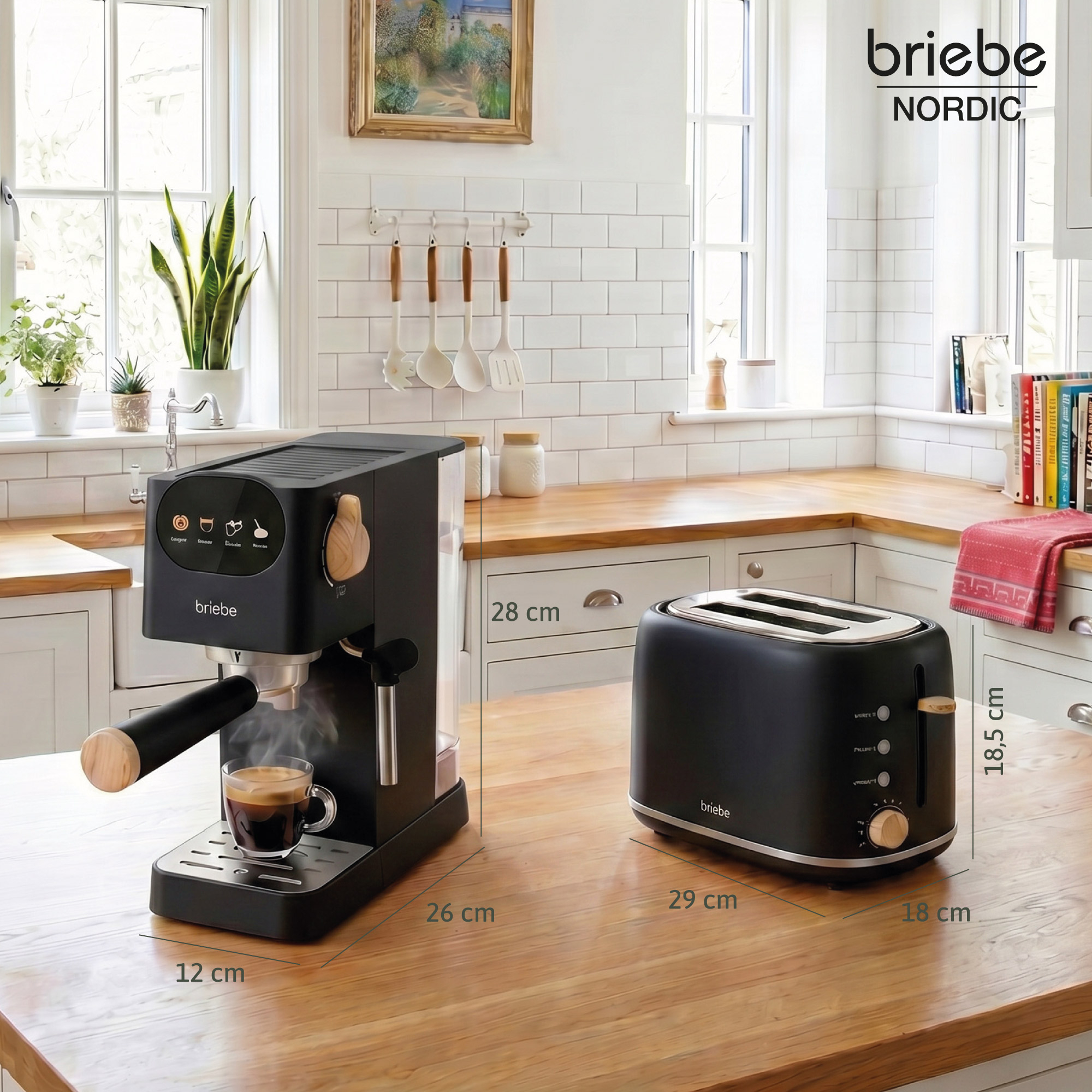 Una cafetera y una tostadora negras sobre una encimera de madera en una cocina.