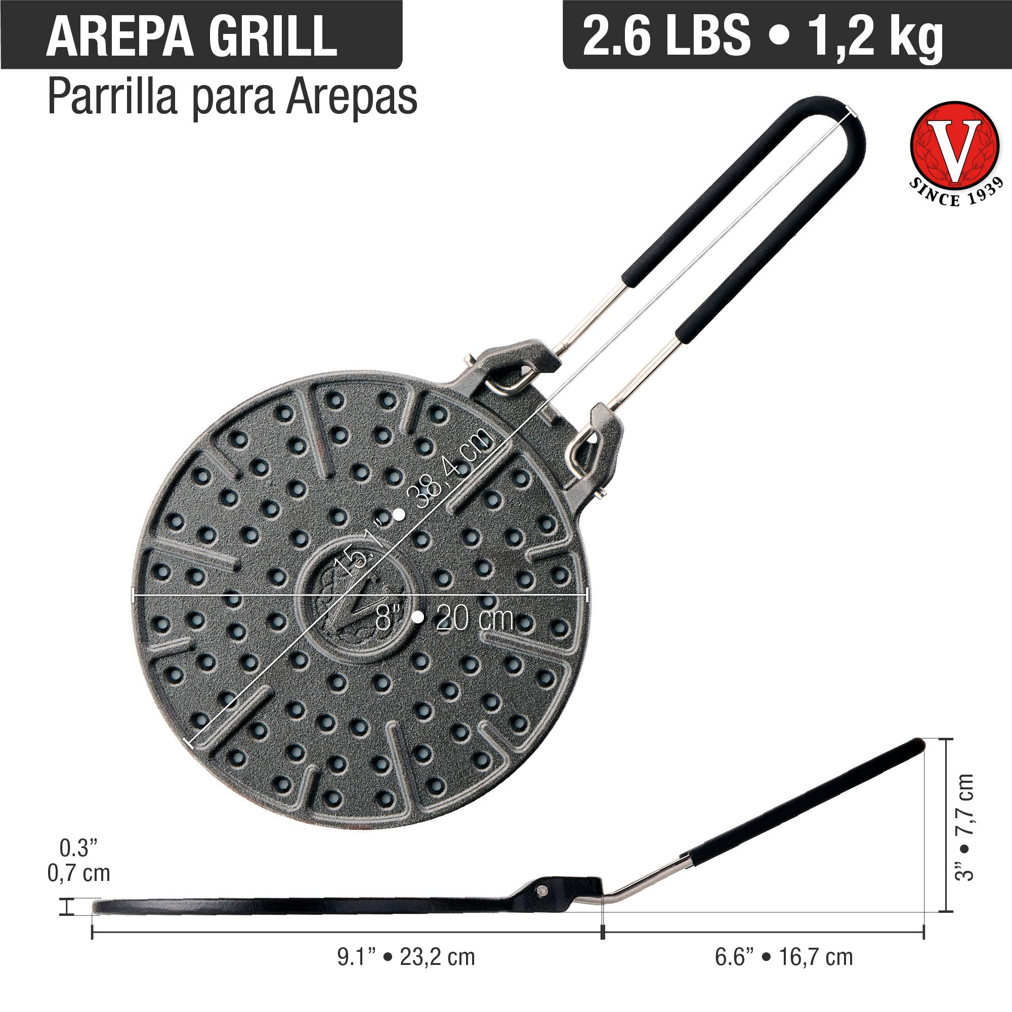 Graue Arepa-Grillpfanne mit Griffen und Maßen.
