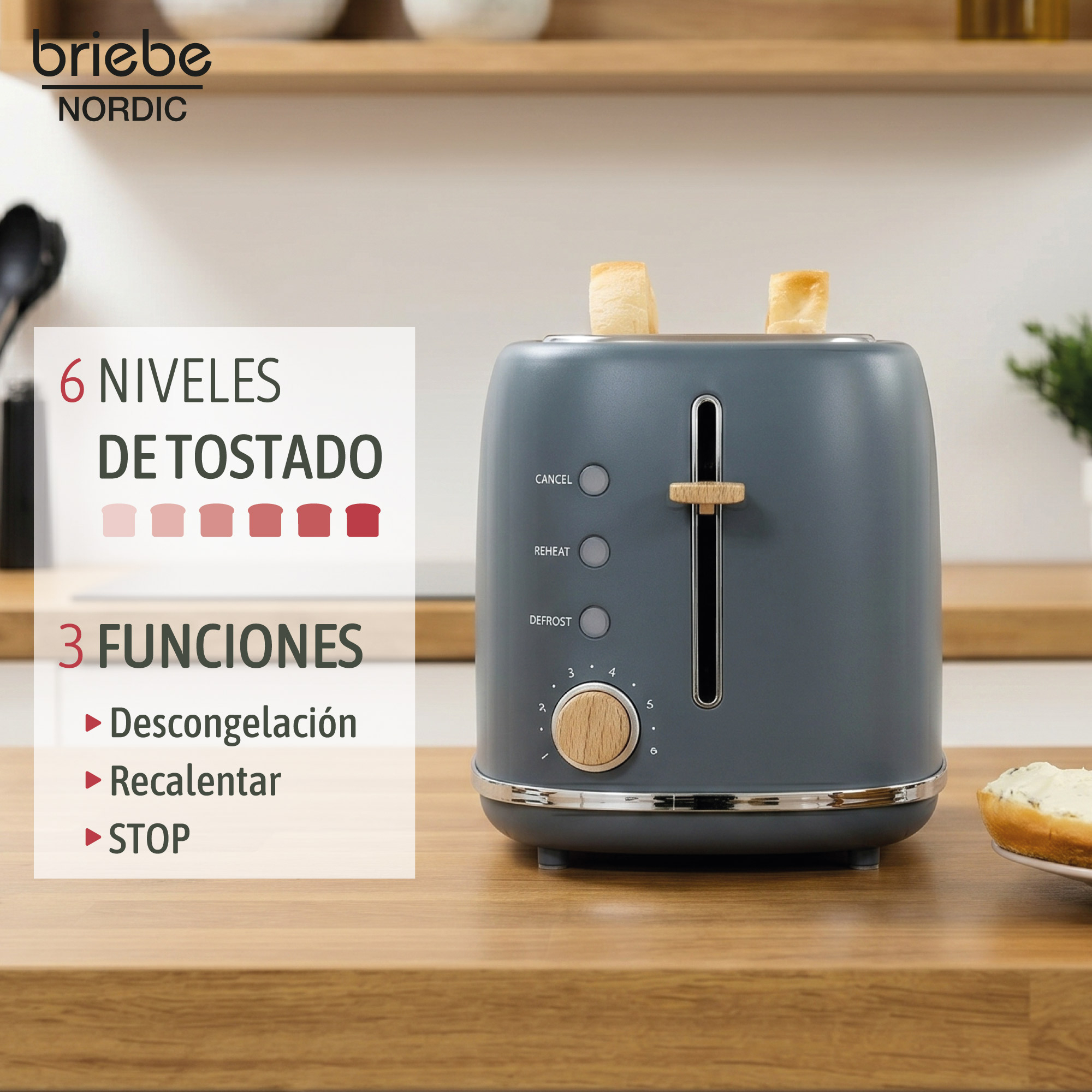 Tostadora gris con detalles de madera, dos tostadas arriba. Logo Briese Nordic.