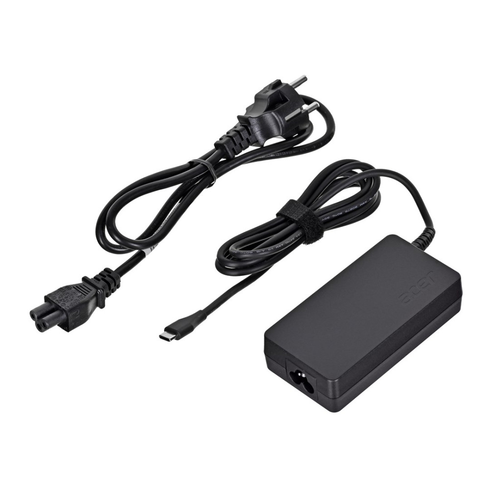 Czarny zasilacz Acer z dwoma kablami i złączem USB-C.