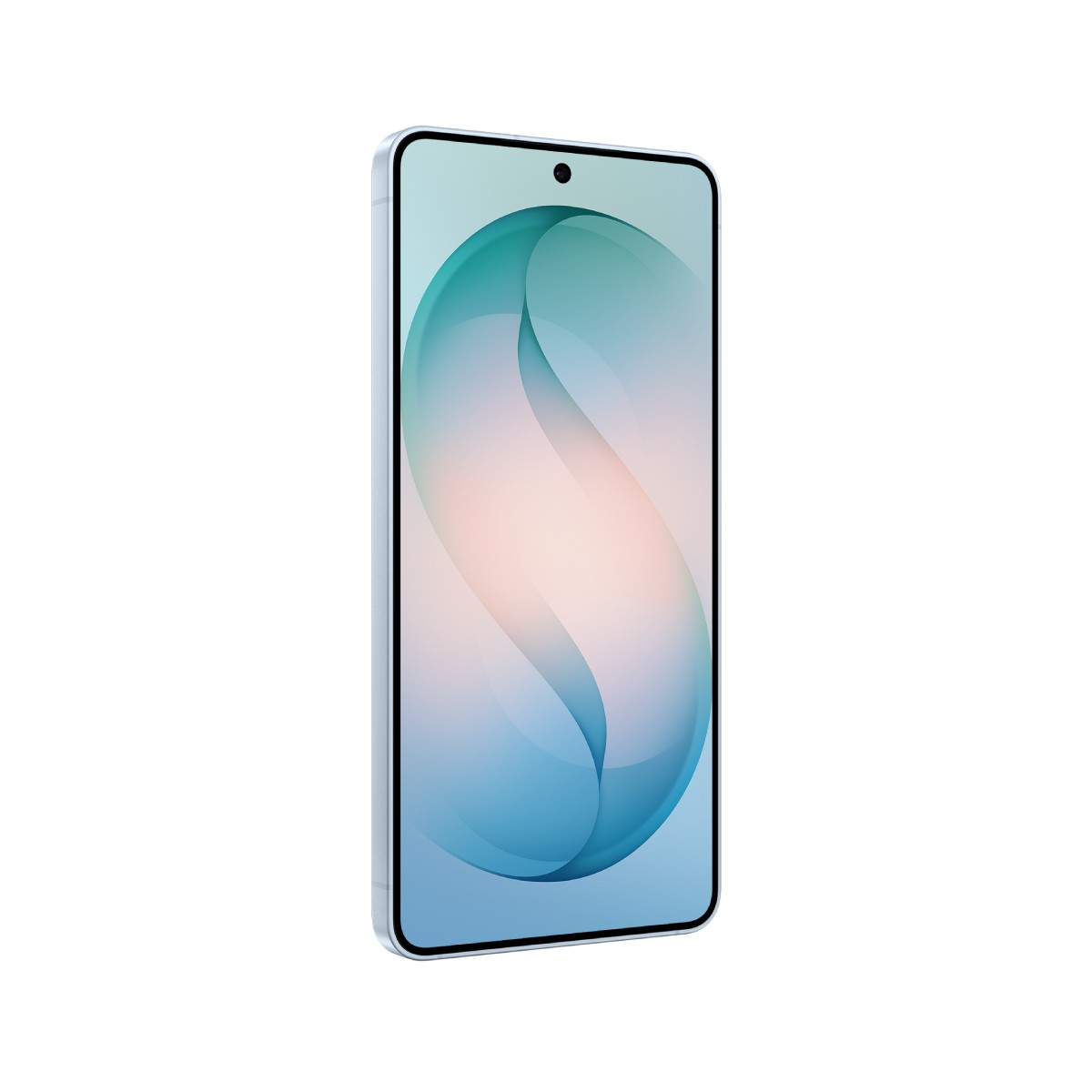 Niebieski smartfon z abstrakcyjną tapetą na ekranie.