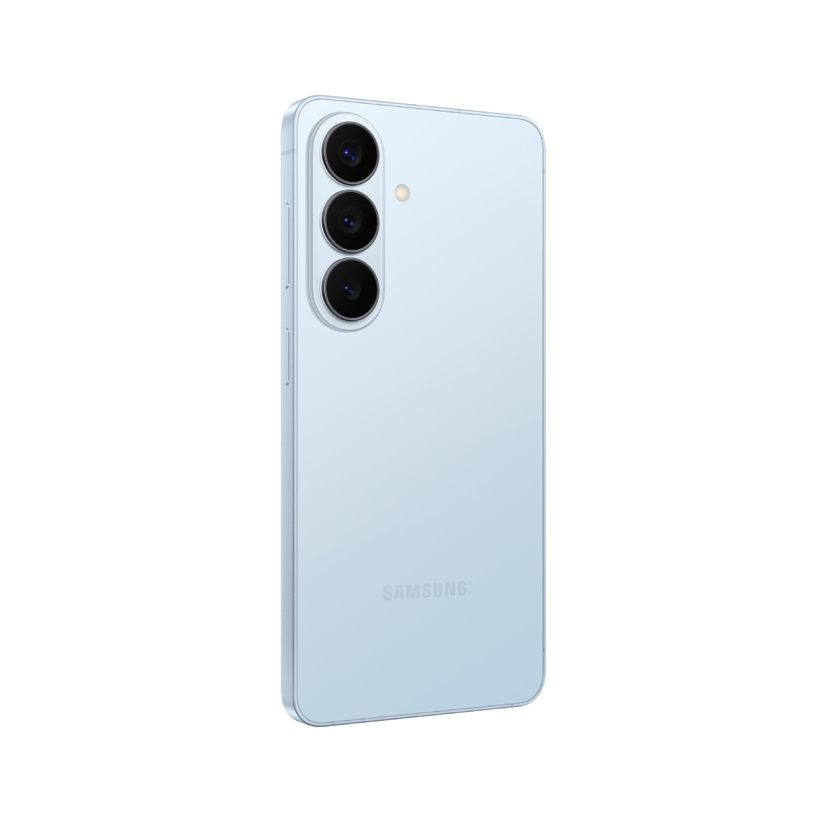 Jasnoniebieski smartfon Samsung z trzema tylnymi aparatami.