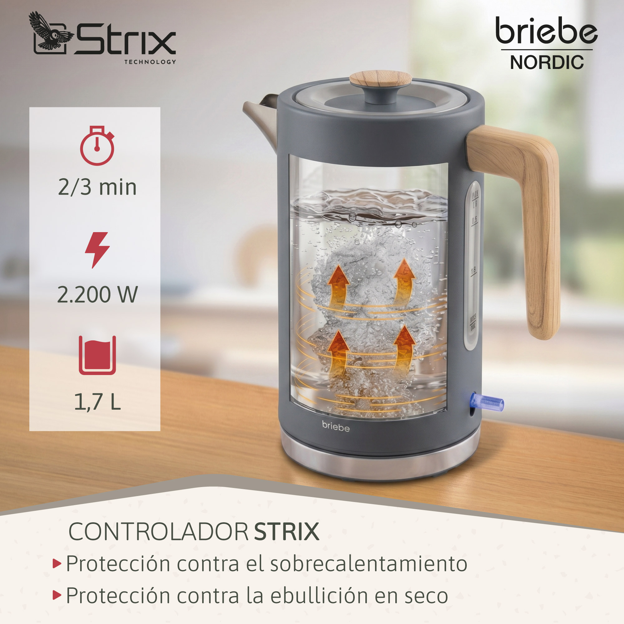 Tetera gris con detalles de madera, hirviendo agua con flechas hacia arriba.