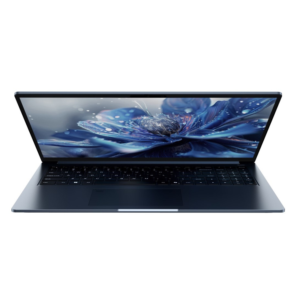 Otwarty, granatowy laptop z niebieskim kwiatem na ekranie.
