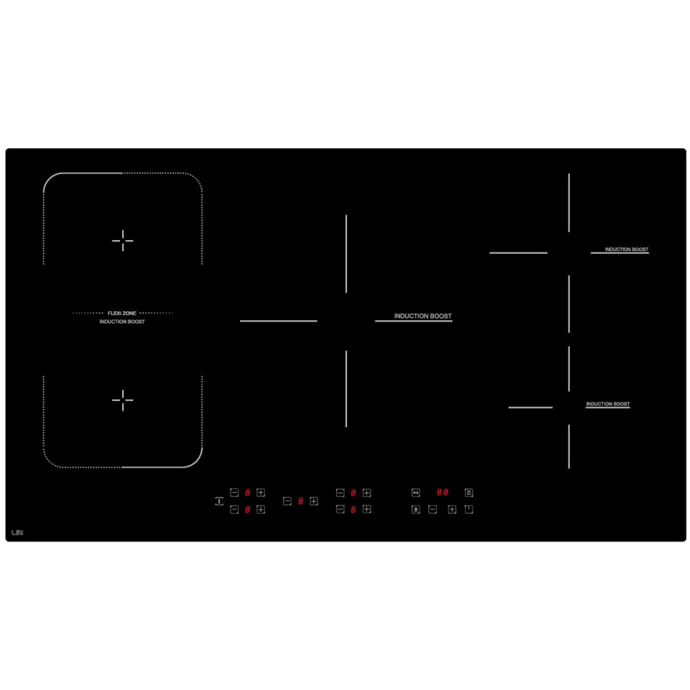 Piano cottura a induzione nero con quattro zone di cottura e controlli digitali.