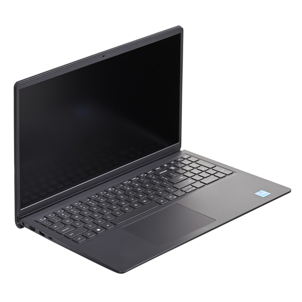 Otwarty, ciemny laptop z czarnym ekranem i klawiaturą na białym tle.